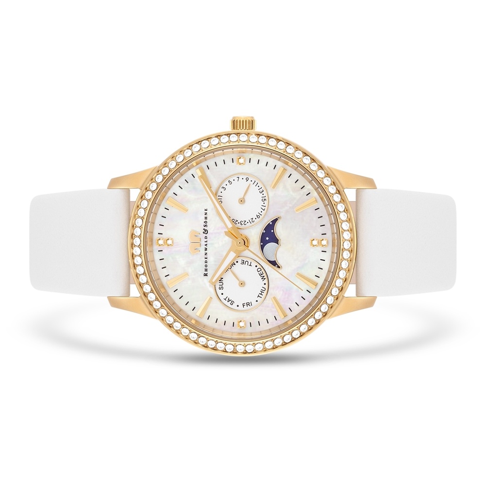 Rhodenwald & Söhne Multifonctions Amidala Or jaune Cuir véritable en Blanc Montre