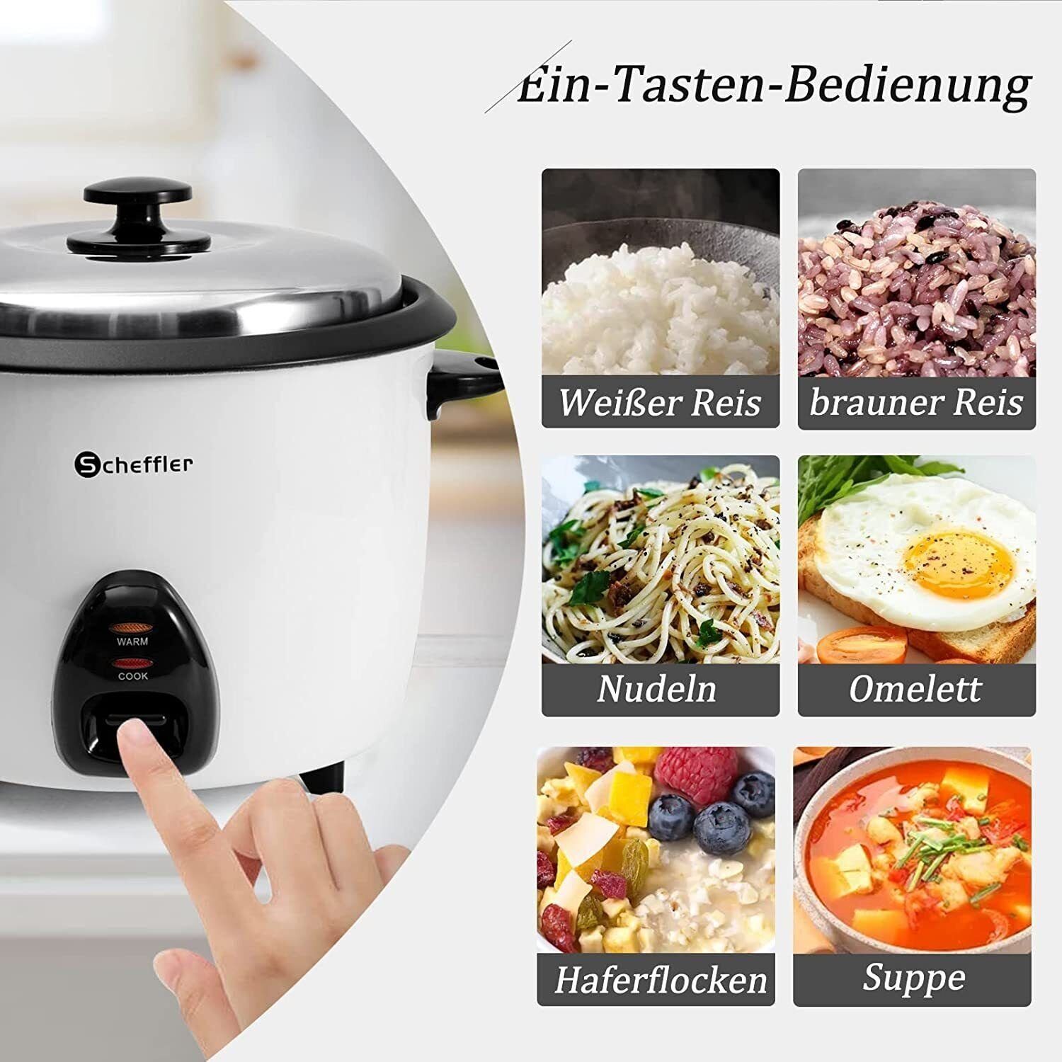 Scheffler Reiskocher 1.5L-4.2L, 800-1600 W, Warmhaltefunktion, Antihaftbeschichtet, inkl. Reislöffel + Messbecher, Deckel aus Edelstahl