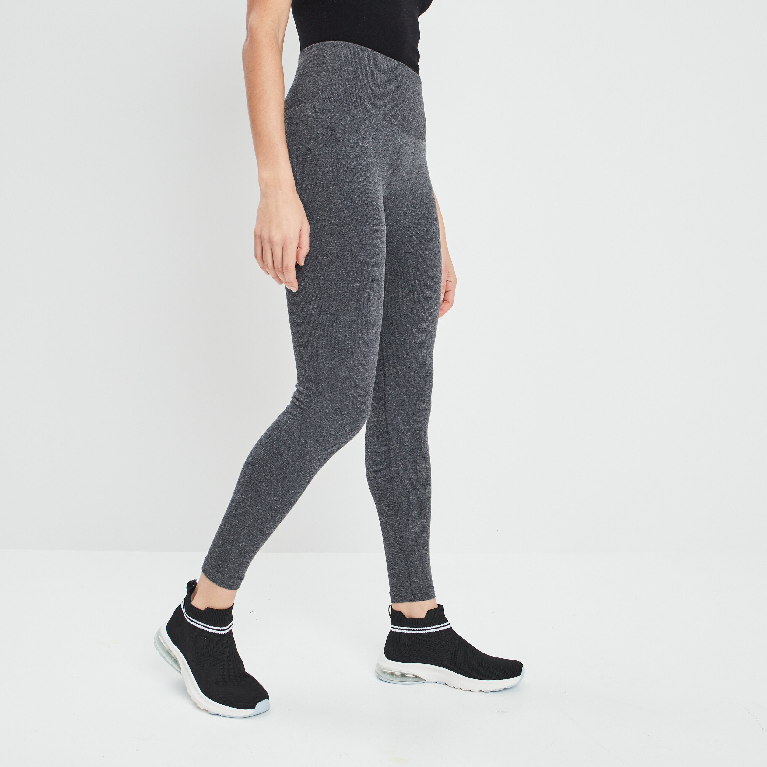 Legging taille haute côtelé gris foncé femme | La Halle