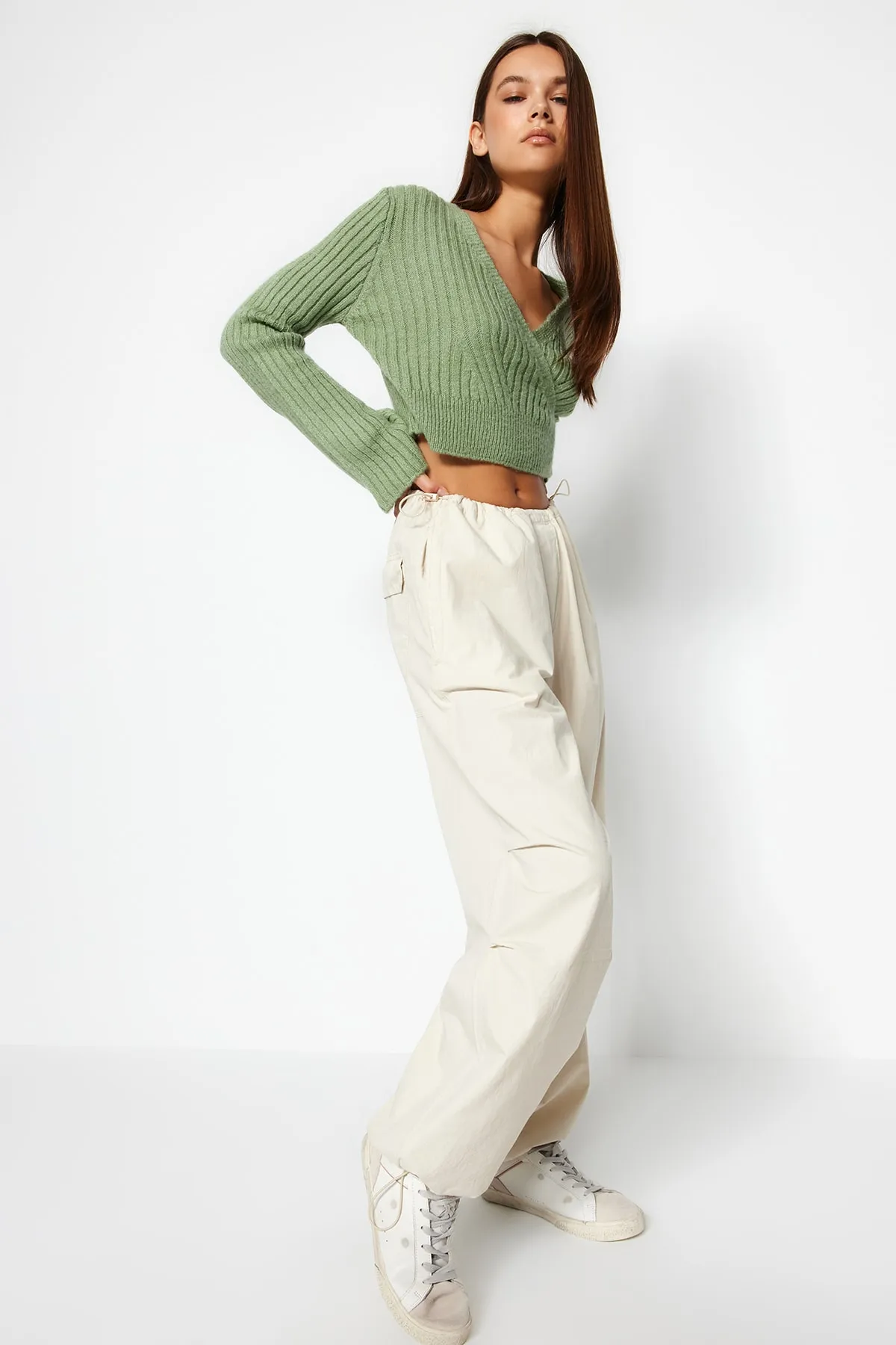 Trendyol Collection  Mintgrüner, weich strukturierter, zweireihiger Strickpullover TWOAW24KZ00381
