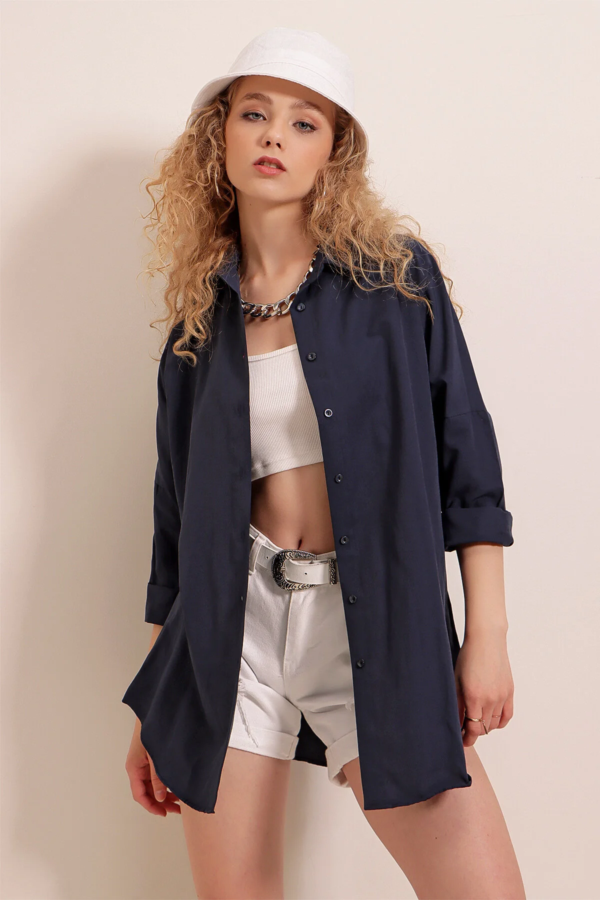 Bigdart  3900 Oversize-Lang-Basic-Hemd – Marineblau