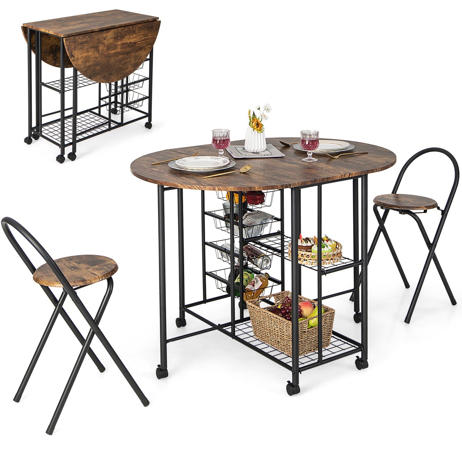 COSTWAY Bartisch (3-St), mit 2 Regalen & 4 herausziehbaren Körben, klappbar
