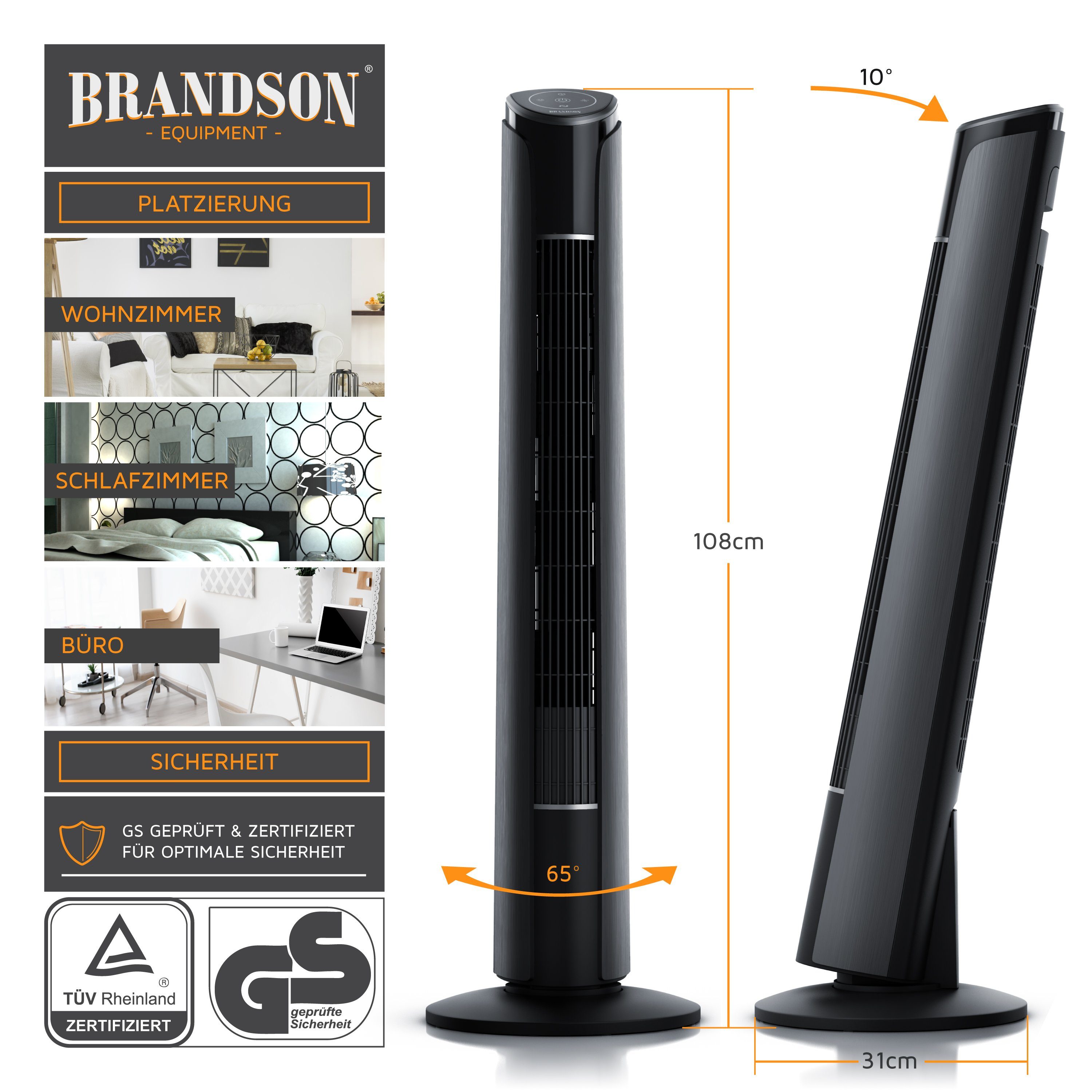 Brandson Turmventilator, Fernbedienung, 10° neigbar, Oszillation, 4 Modi, Standventilator 108cm