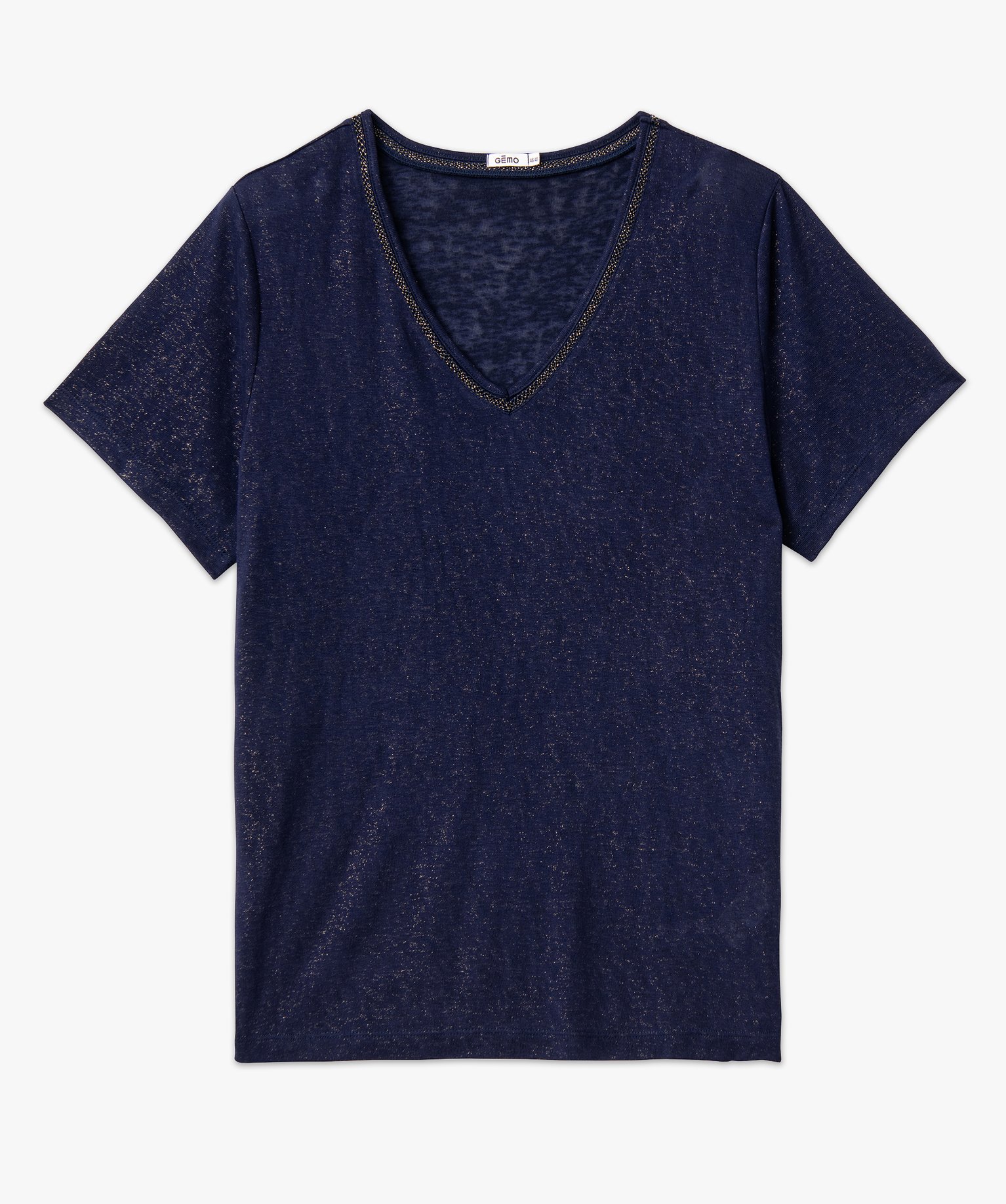 Tee-shirt manches courtes droit et fluide à col V et paille... bleu | GEMO