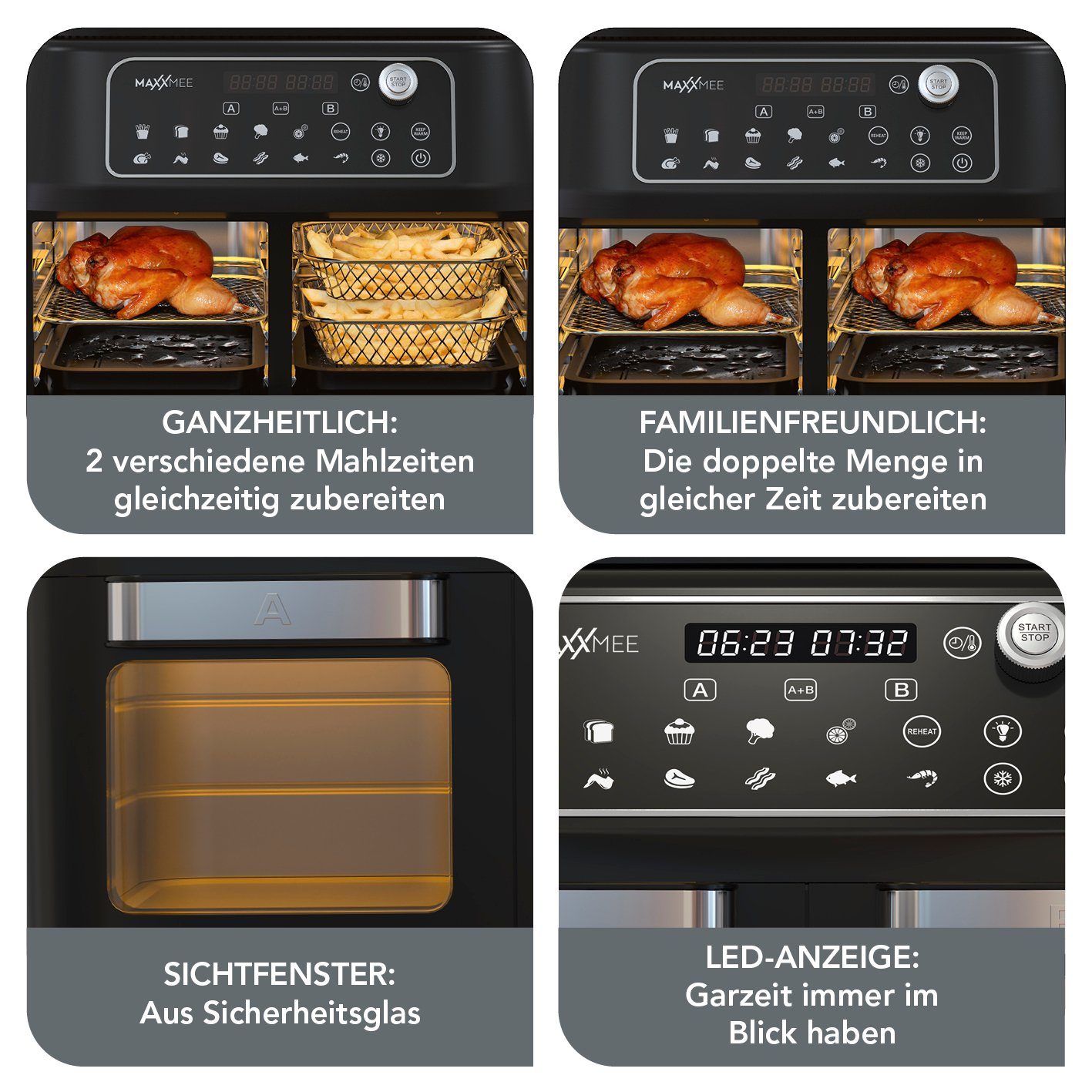 MAXXMEE Heißluftfritteuse Doppelkammer 11L 2 x 5,5l digitale Bedienung & Sichtfenster, 2400,00 W, besonders fettarm