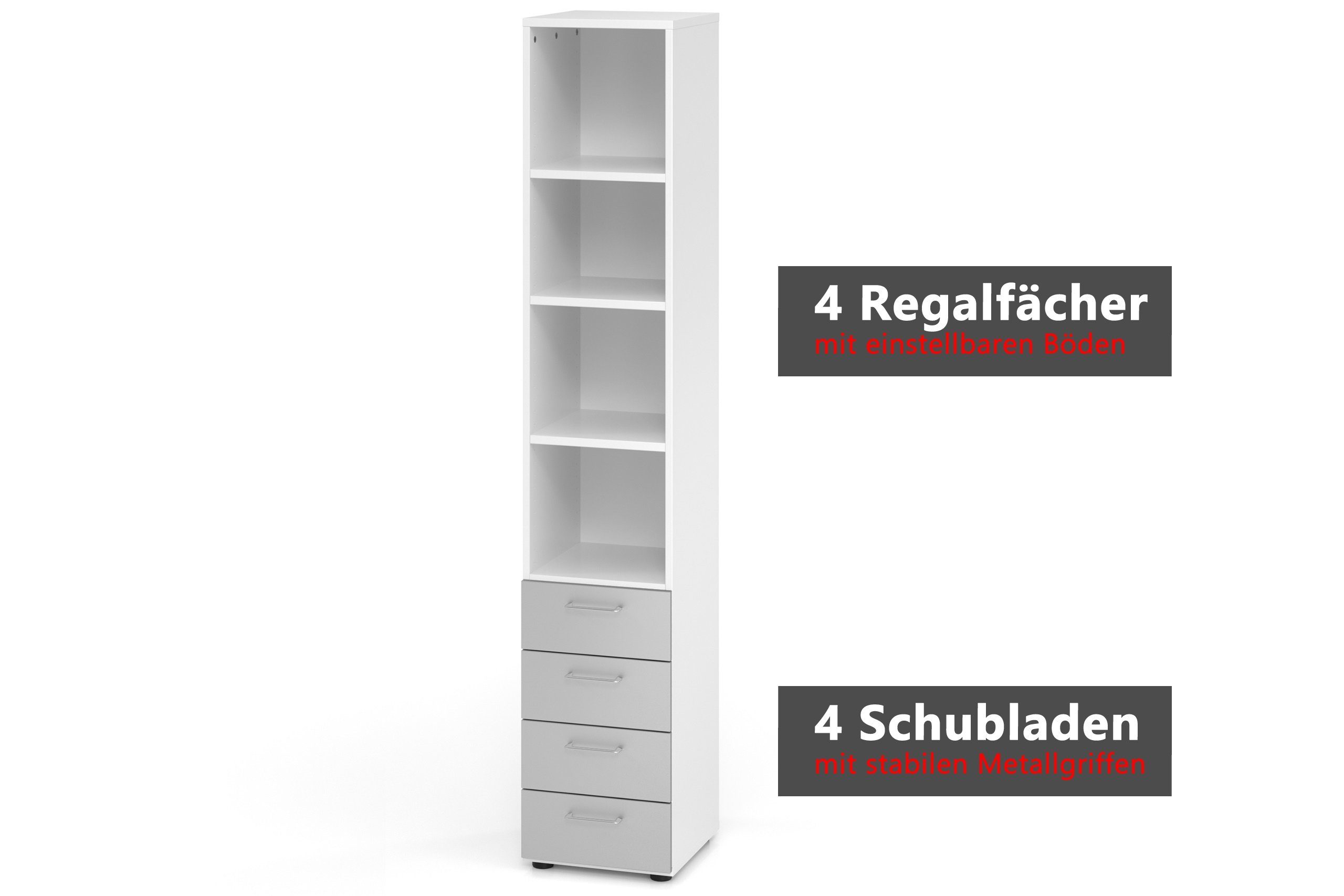 bümö Aktenregal smart Schubladen Regal - 4 Schübe, Dekor: Weiß/Silber