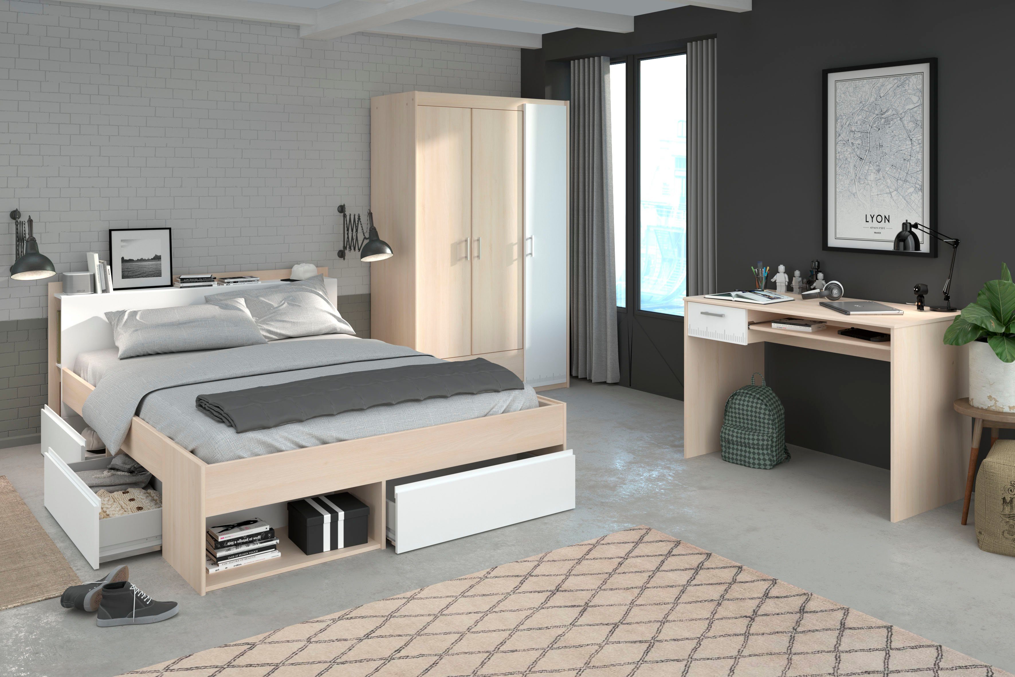 Parisot Jugendzimmer-Set Most, (Set, 3-St., Bett mit Schubkästen, Kleiderschrank und Schreibtisch)
