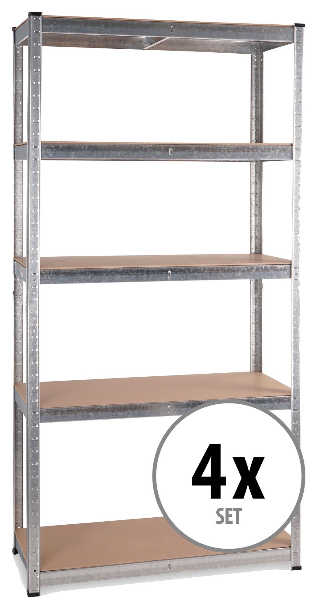 Stagecaptain Schwerlastregal Lagerregal - 5 variabel montierbare Böden - auch als Werkbank umbaubar, 4er Spar-Set 4-tlg., Tragkraft pro Boden: 175 kg, gesamt 875 kg