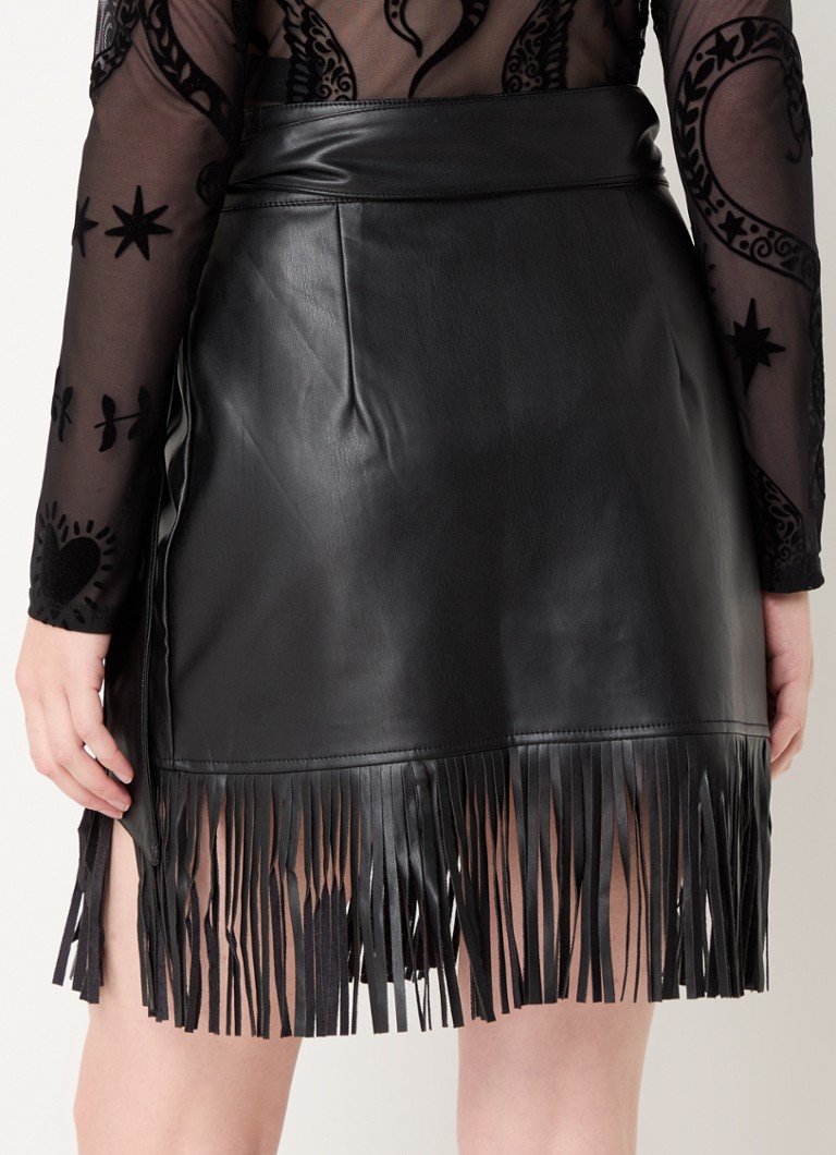Never Fully Dressed Faux leather mini skirt with tie belt and fringes