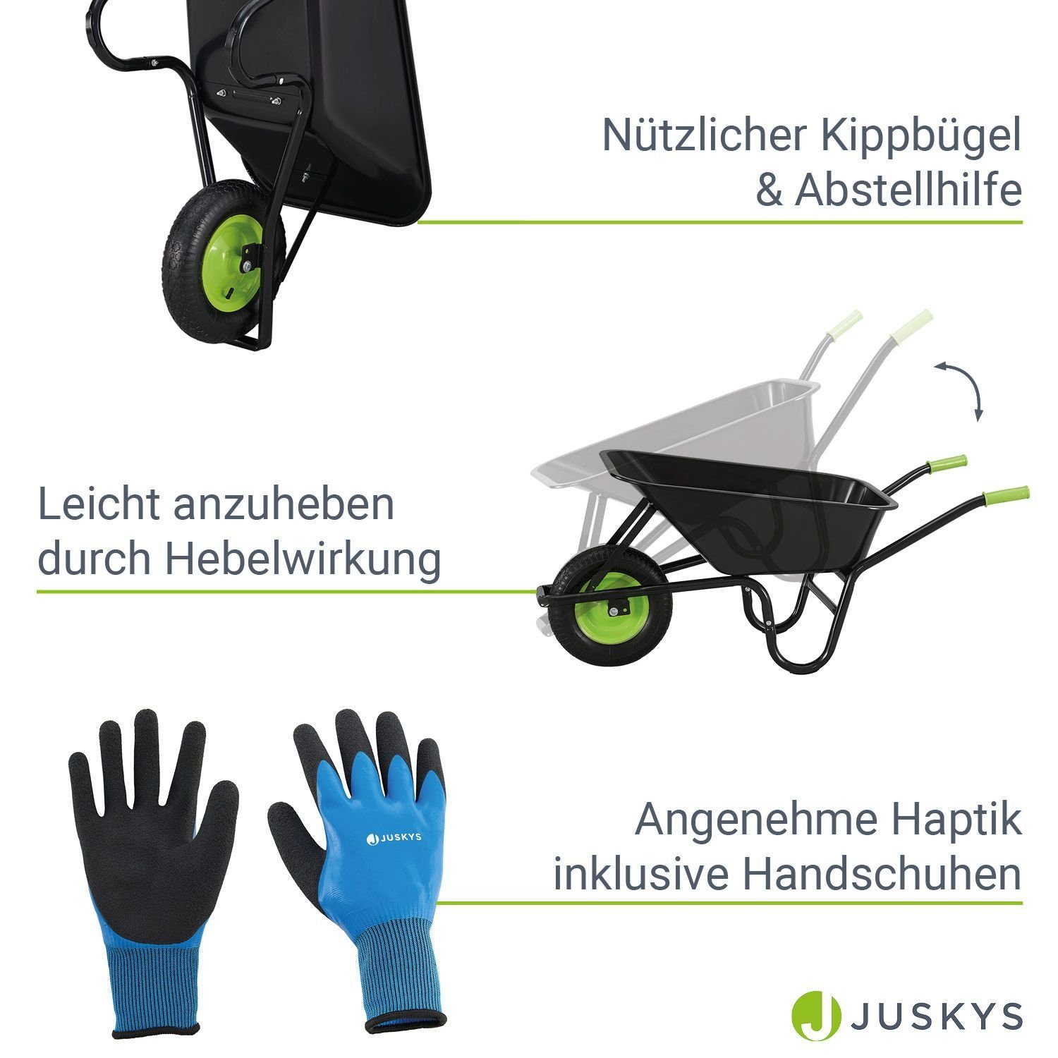 Juskys Schubkarre Garden, 100L, bis 210 kg, Luftreifen, verzinkte Wanne, inkl. Handschuhe