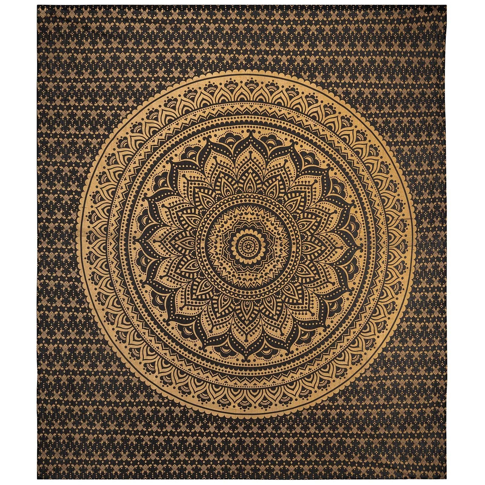 Wandteppich Tagesdecke Wandbehang Dekotuch Lotus Mandala Schwarz-Gold ca.200x230cm, KUNST UND MAGIE