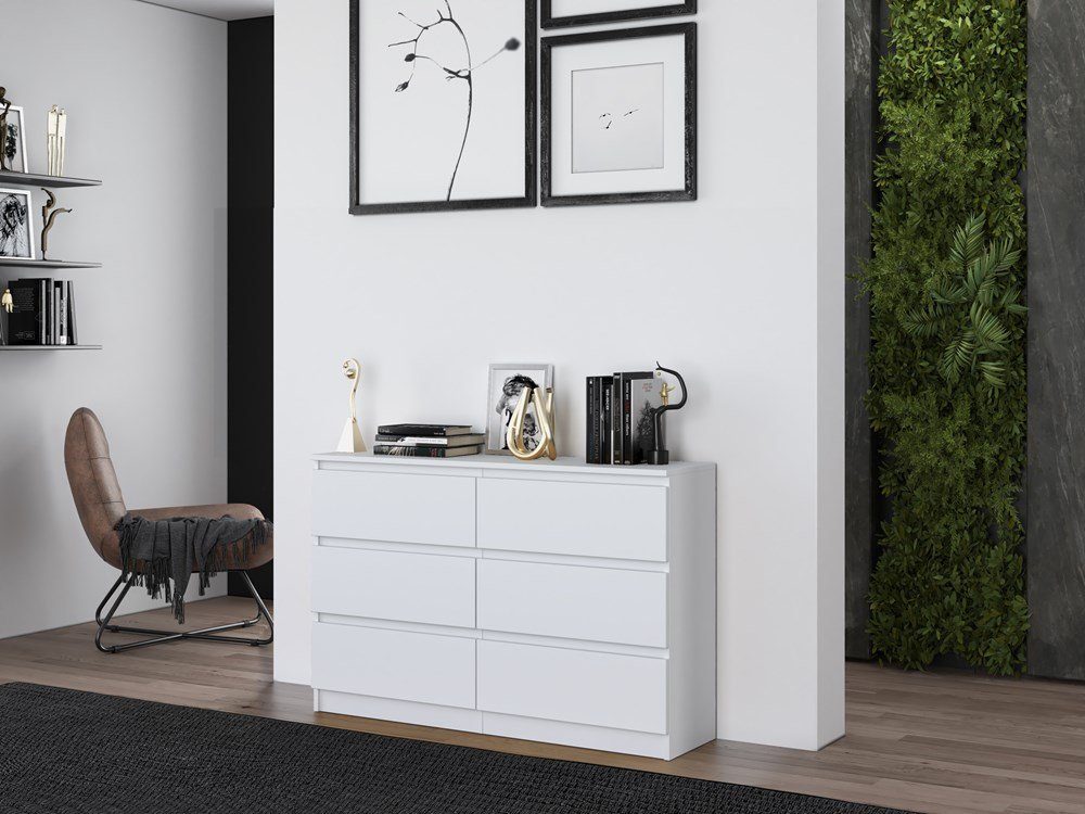 Home Collective Kommode weiß mit sechs Schubladen, Schlafzimmer Flur, Schrank, Sideboard, Highboard, Breite 120 cm Höhe 75cm