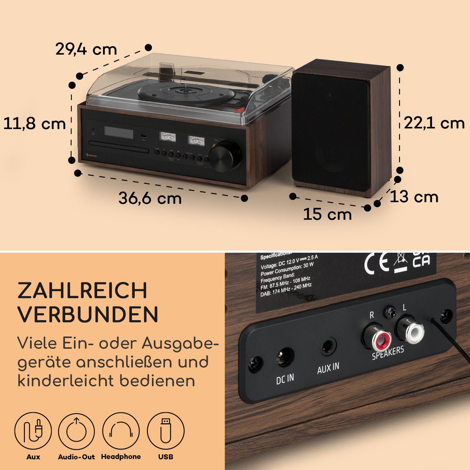 Auna Oxford SE Stereoanlage (DAB+ und FM Radiotuner, 20 W, Bluetooth Stereon DAB FM Vinyl CD Player Schwarz)