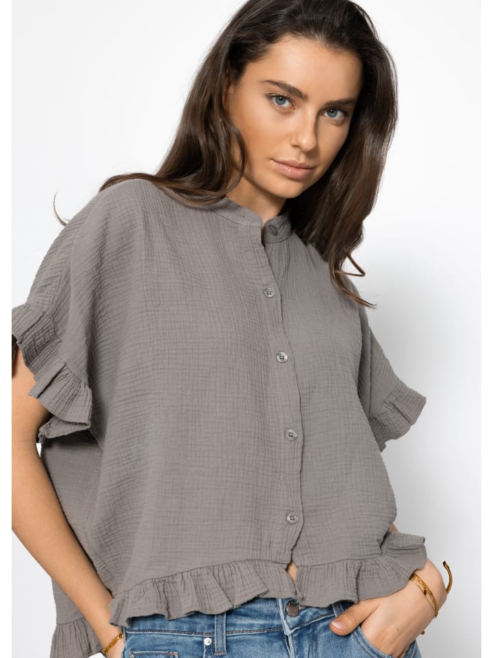 SASSYCLASSY Musselin Bluse mit Rüschensaum in Taupe günstig kaufen