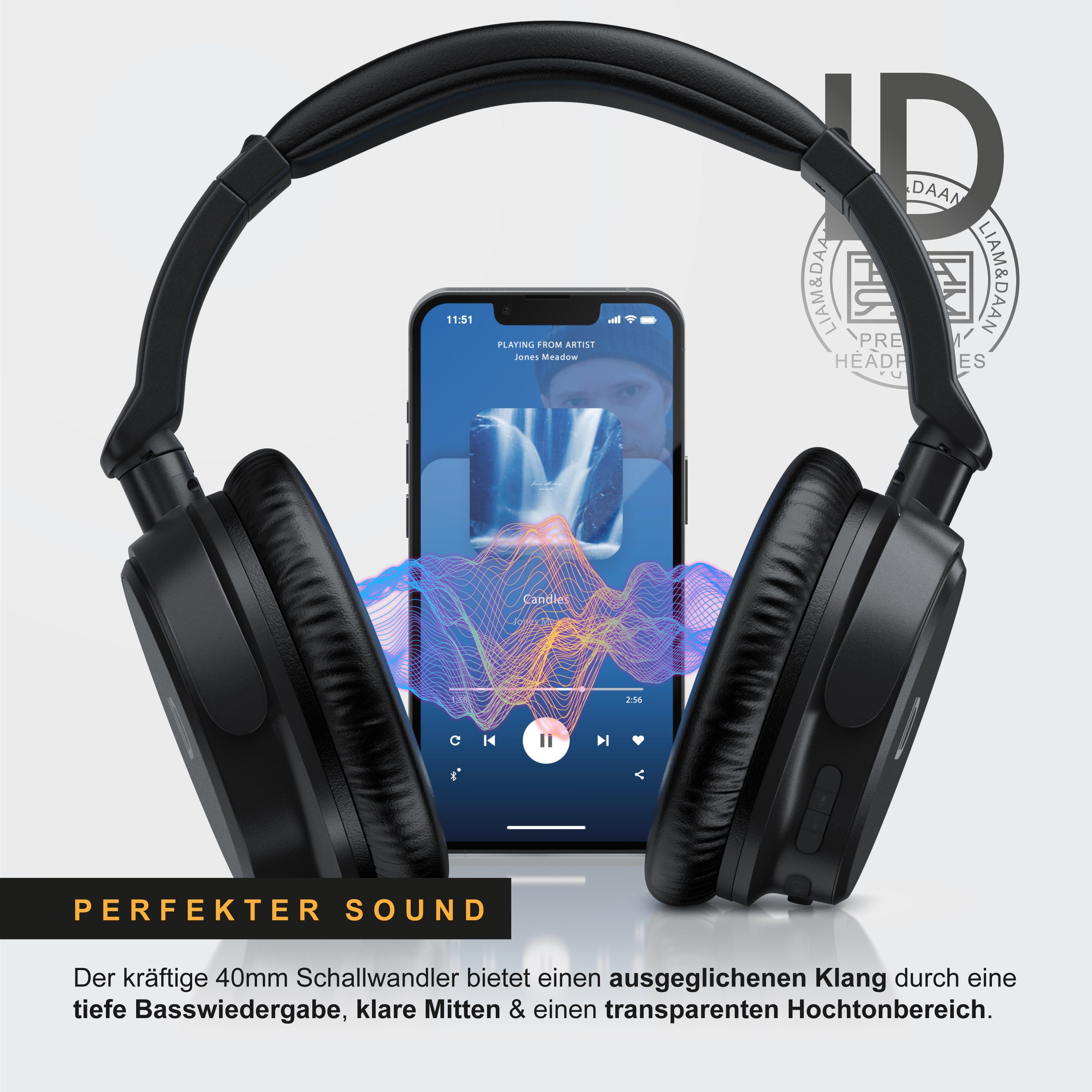 LIAM&DAAN Bluetooth-Kopfhörer (Bluetooth, kabelloses On-Ear Headset, Wireless BT Headphone mit Akku & 3,5mm AUX)