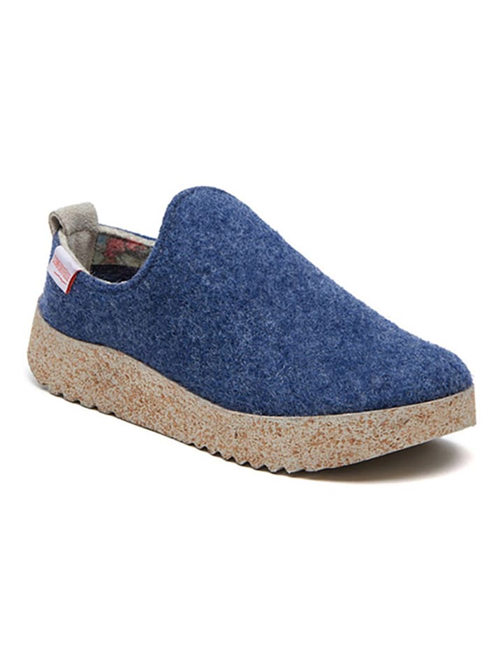 Comfortfusse Woll-Hausschuhe in Blau/ Beige günstig kaufen
