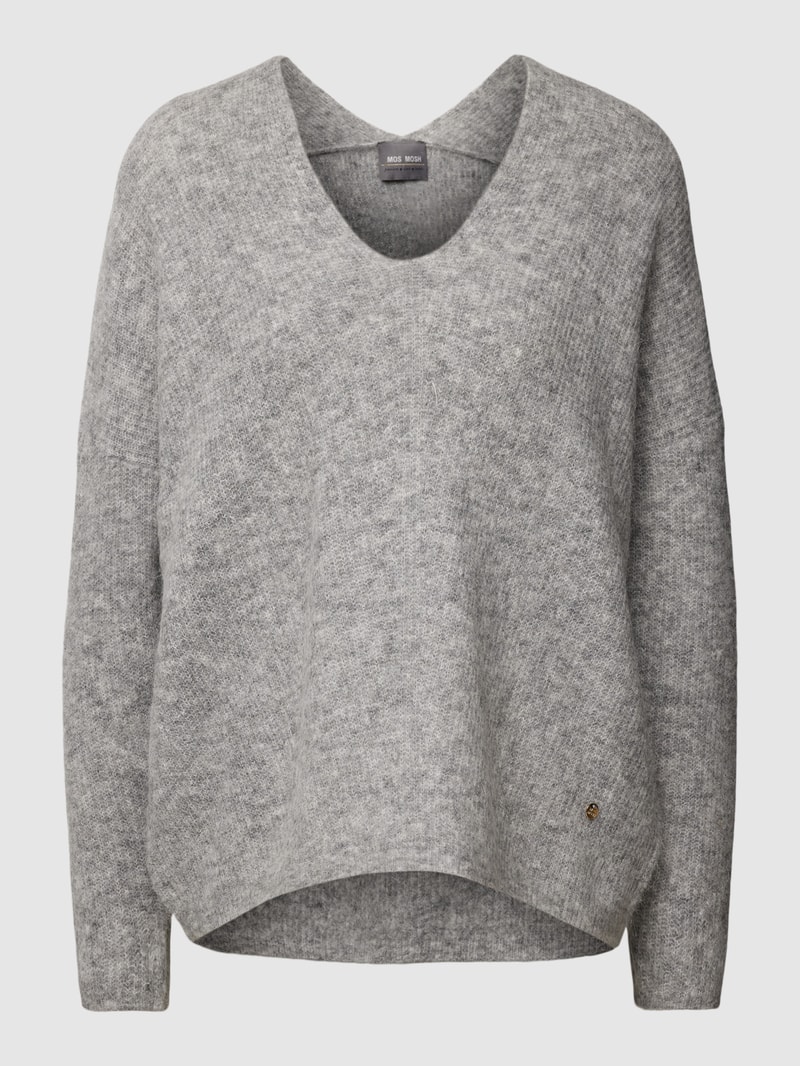Strickpullover mit V-Ausschnitt Modell 'THORA' in hellgrau meliert