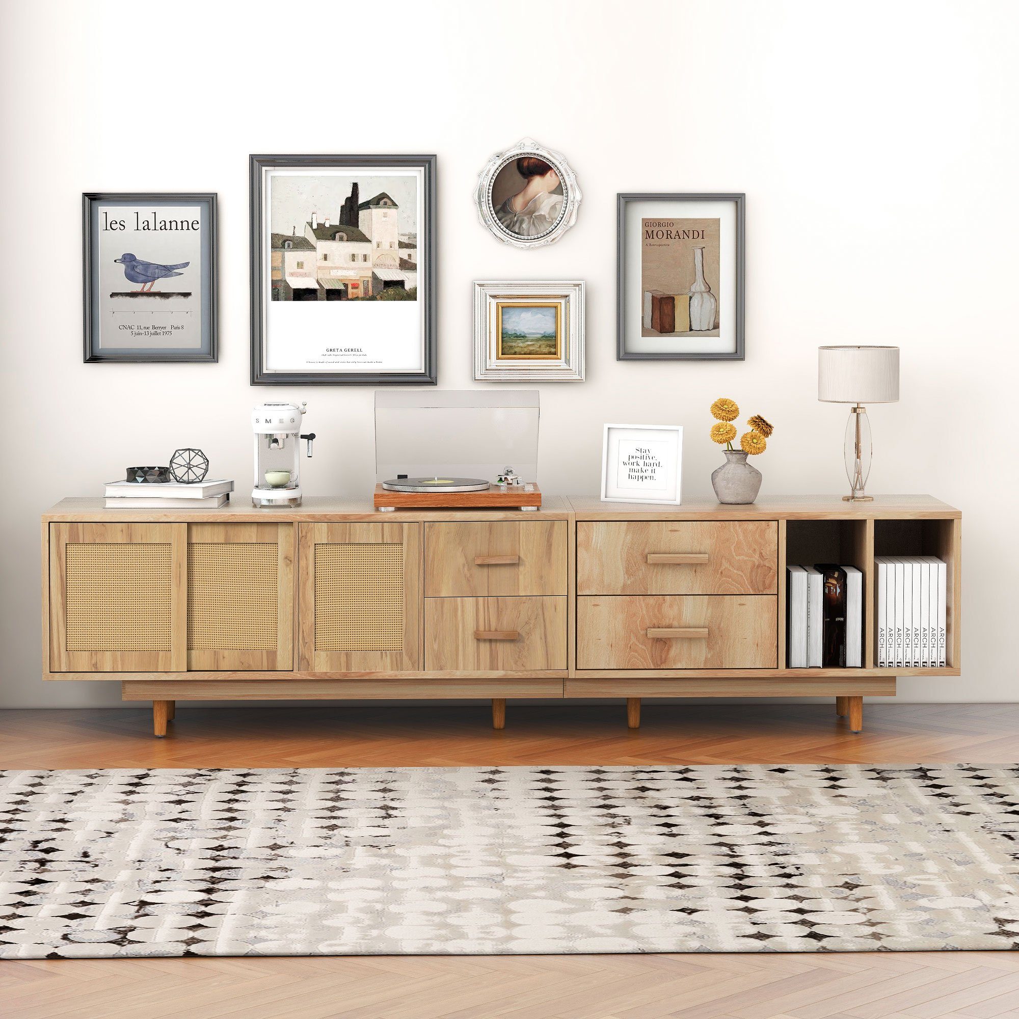 Odikalo TV-Board TV-Ständer Lowboard Sideboard Lagerschrank TV-Schrank Oak Rattan Natur