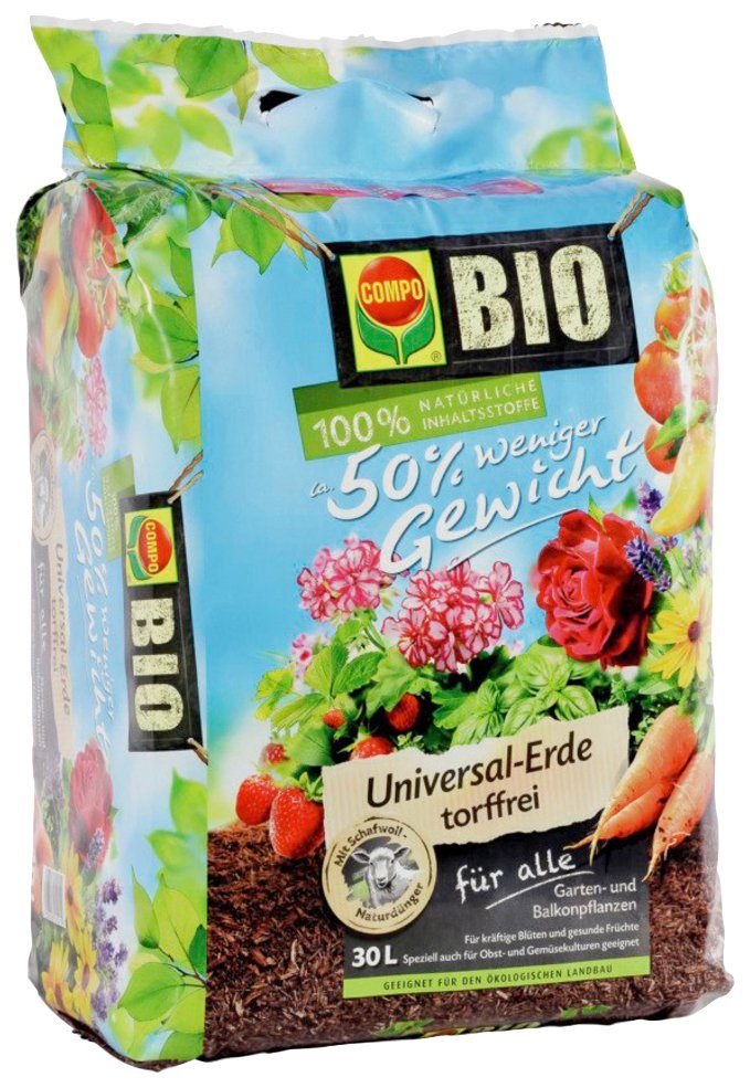 Compo Bio-Erde COMPO BIO, Universal torffrei, ca. 50% weniger Gewicht, mit Schafwolle, 30 Liter