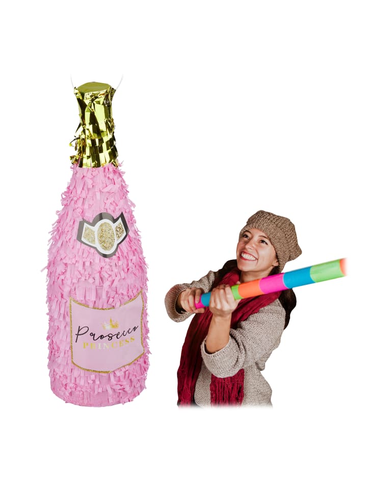 relaxdays Pinata Sektflasche in Rosa/Gold günstig kaufen onesize