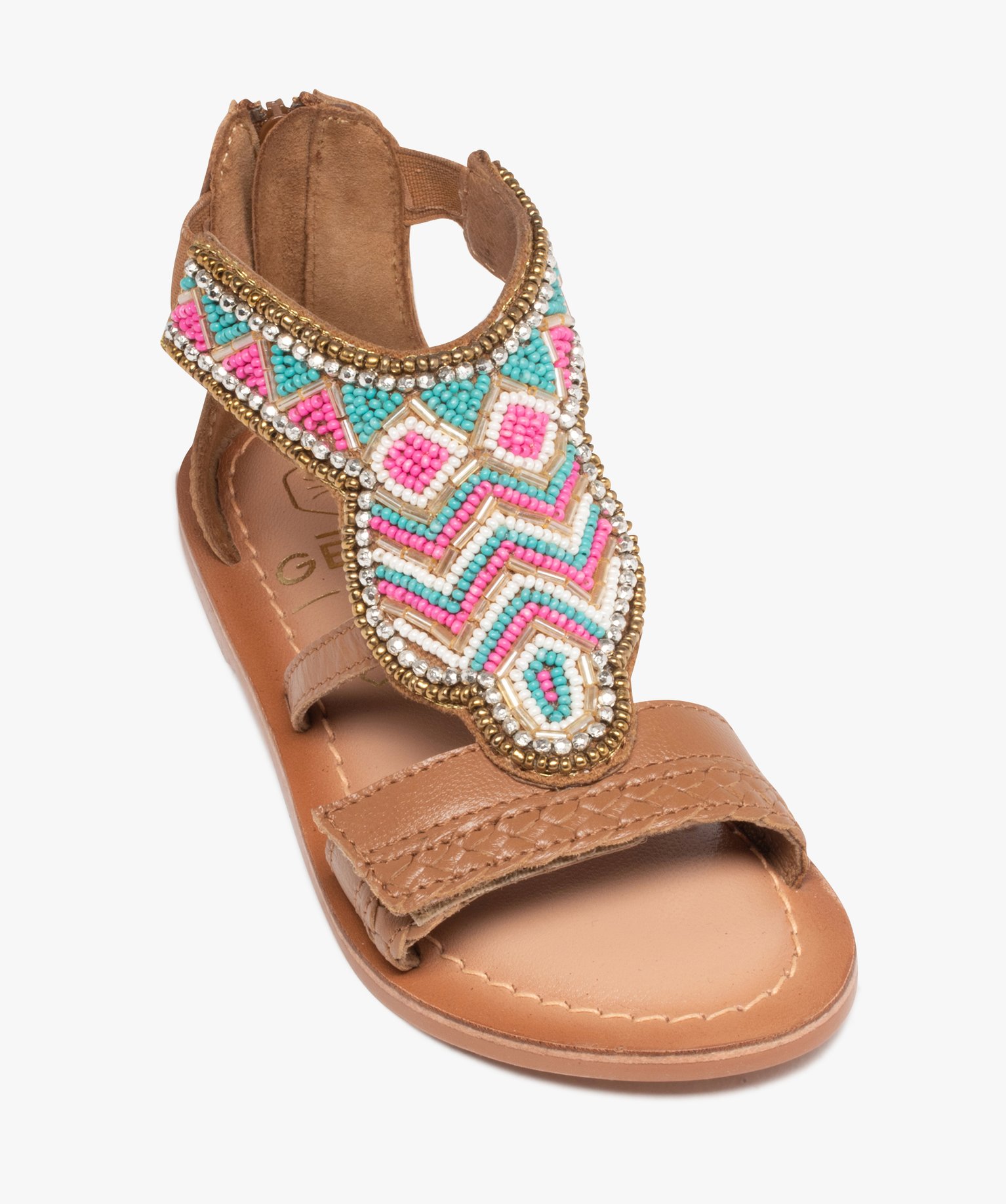 Sandales fille montantes à brides ornées de perles camel | GEMO