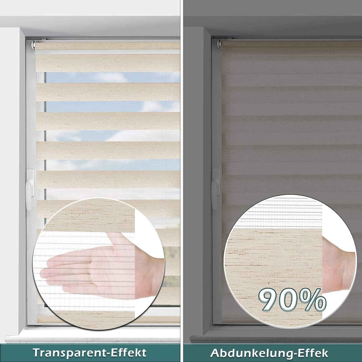 Doppelrollo rollos Ohne Bohren 130cm/150cm, Vkele, freihängend,Blickdicht,Lichtschutz und verspannt, Klemmträger,Klemmfix, rollo für Fesnter und Tür