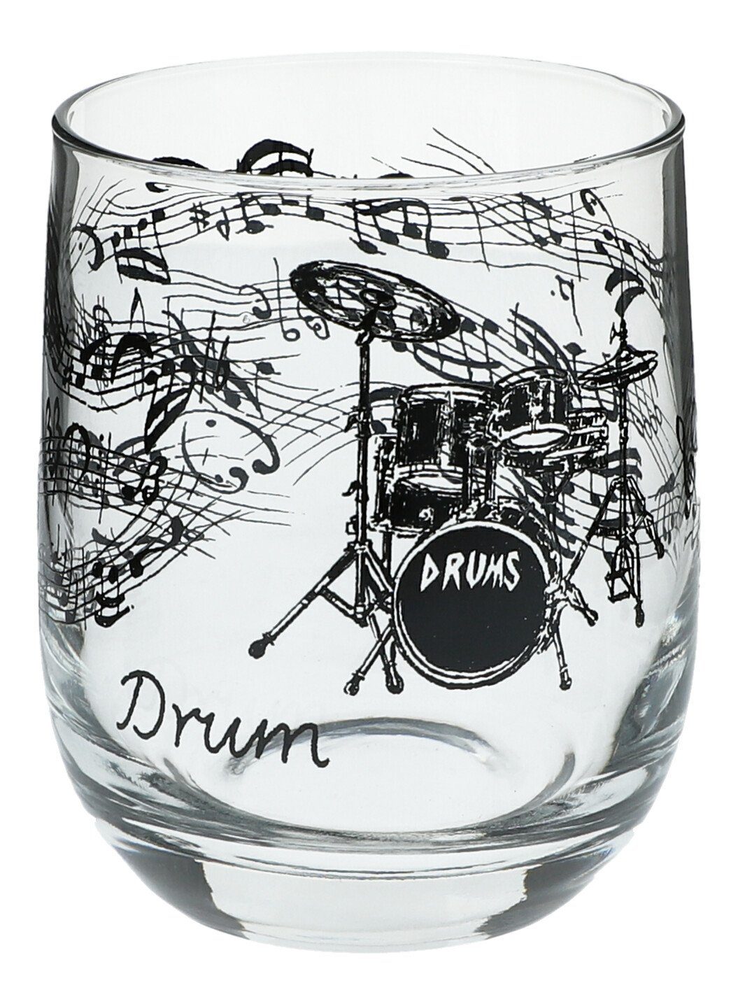 Musikboutique Glas, Trinkgefäß, bedruckt mit Schlagzeug-Motiv