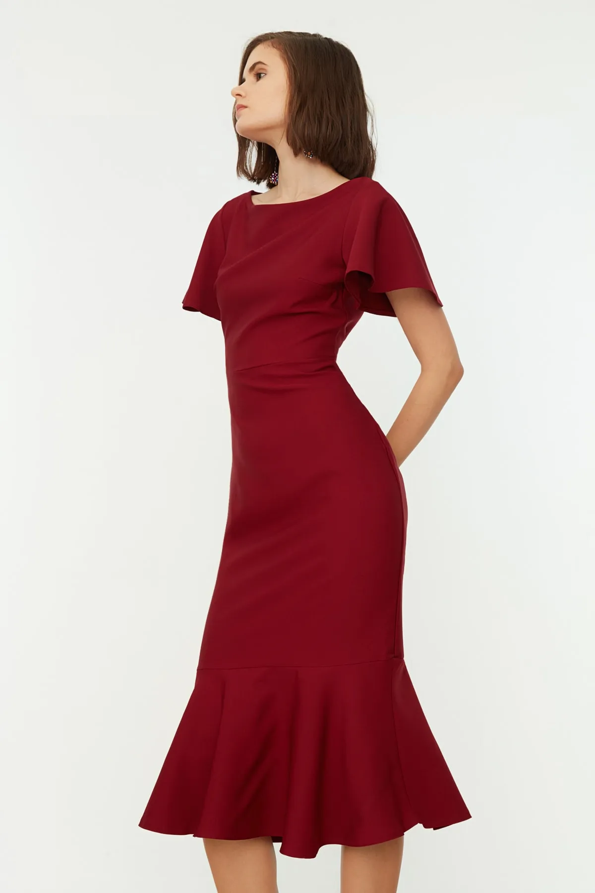 Trendyol Collection  Weinrotes Volant-Midi-Webkleid TWOSS20EL1342