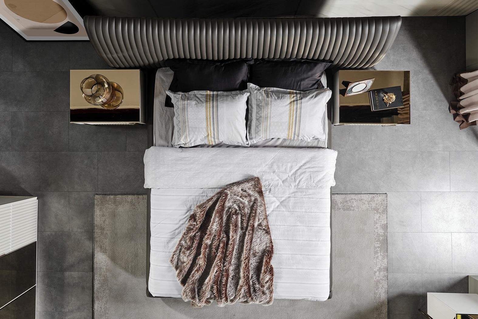 JVmoebel Schlafzimmer-Set Stilvolle Schlafzimmergarnitur Luxus Graues Bett 2x Weiße Nachttische, (3-St., Bett, 2x Nachttische), Made in Europa