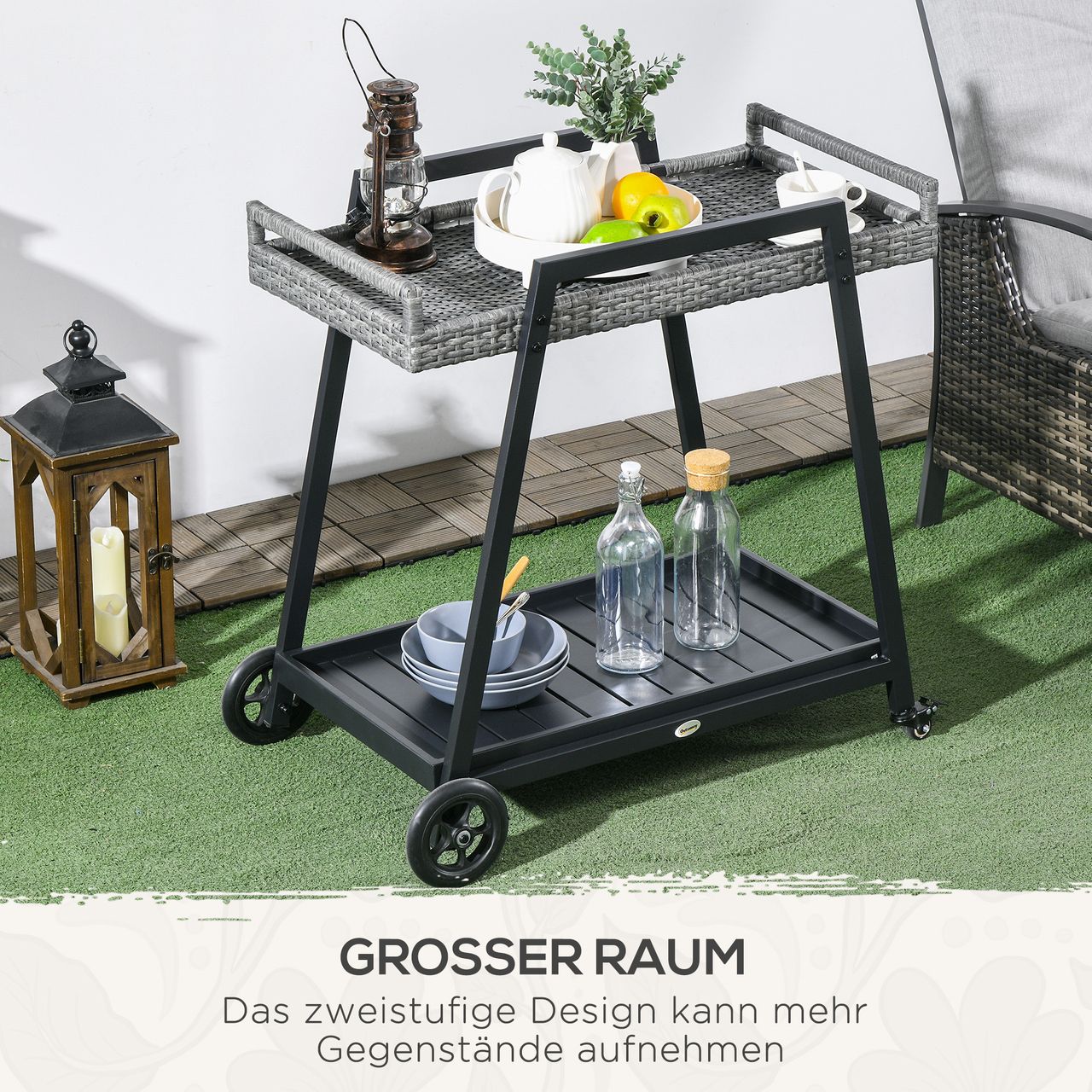 Outsunny Rattan Servierwagen Trolley mit Ablage Gartenrollwagen mit Griff Bremen