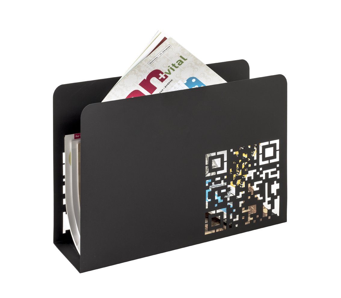 möbelando Zeitungsständer Quinn, Zeitungsständer aus Metall in schwarz lackiert, mit abstrakter QR-Code Stanzung