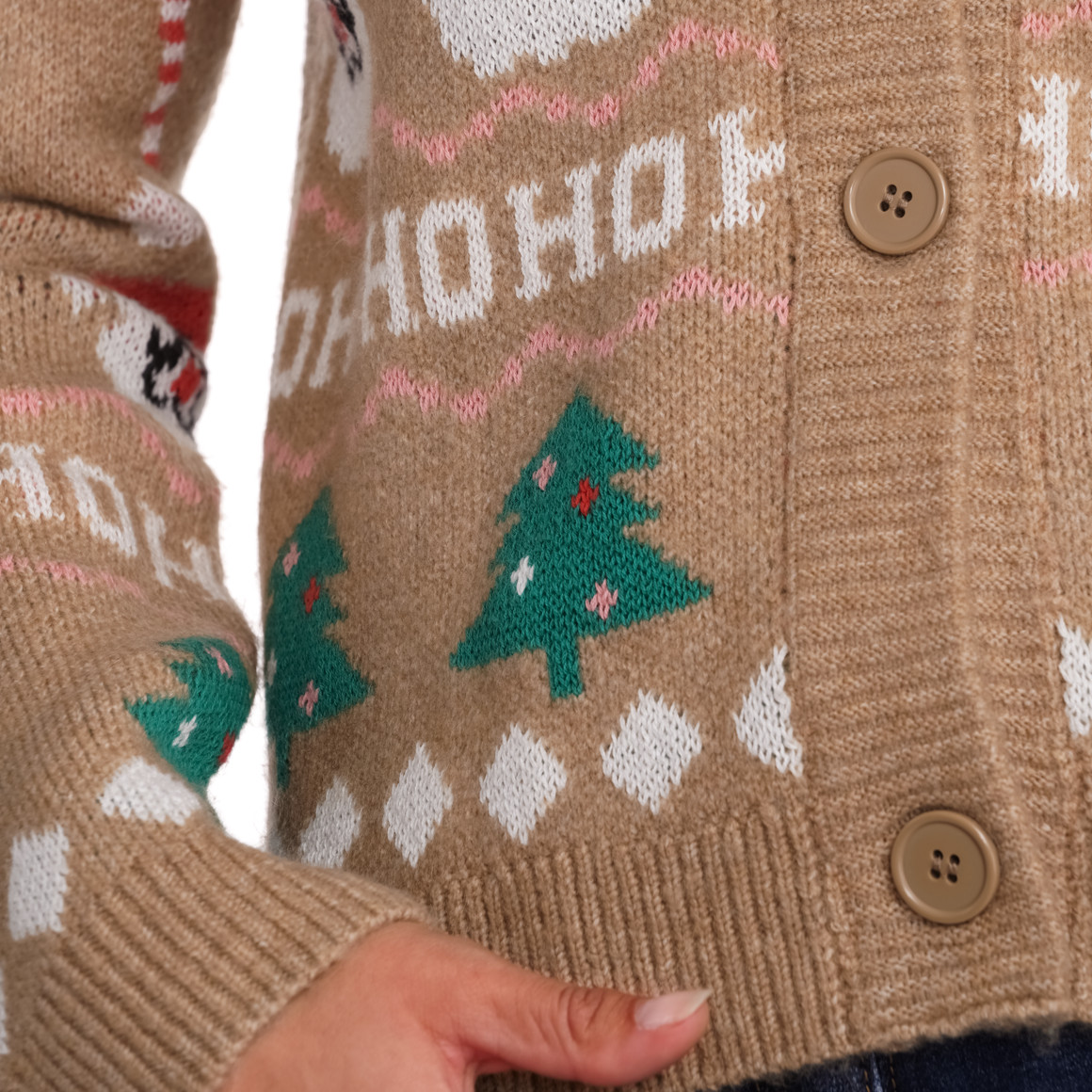 Damen Weihnachtsstrickjacke mit V-Ausschnitt beige