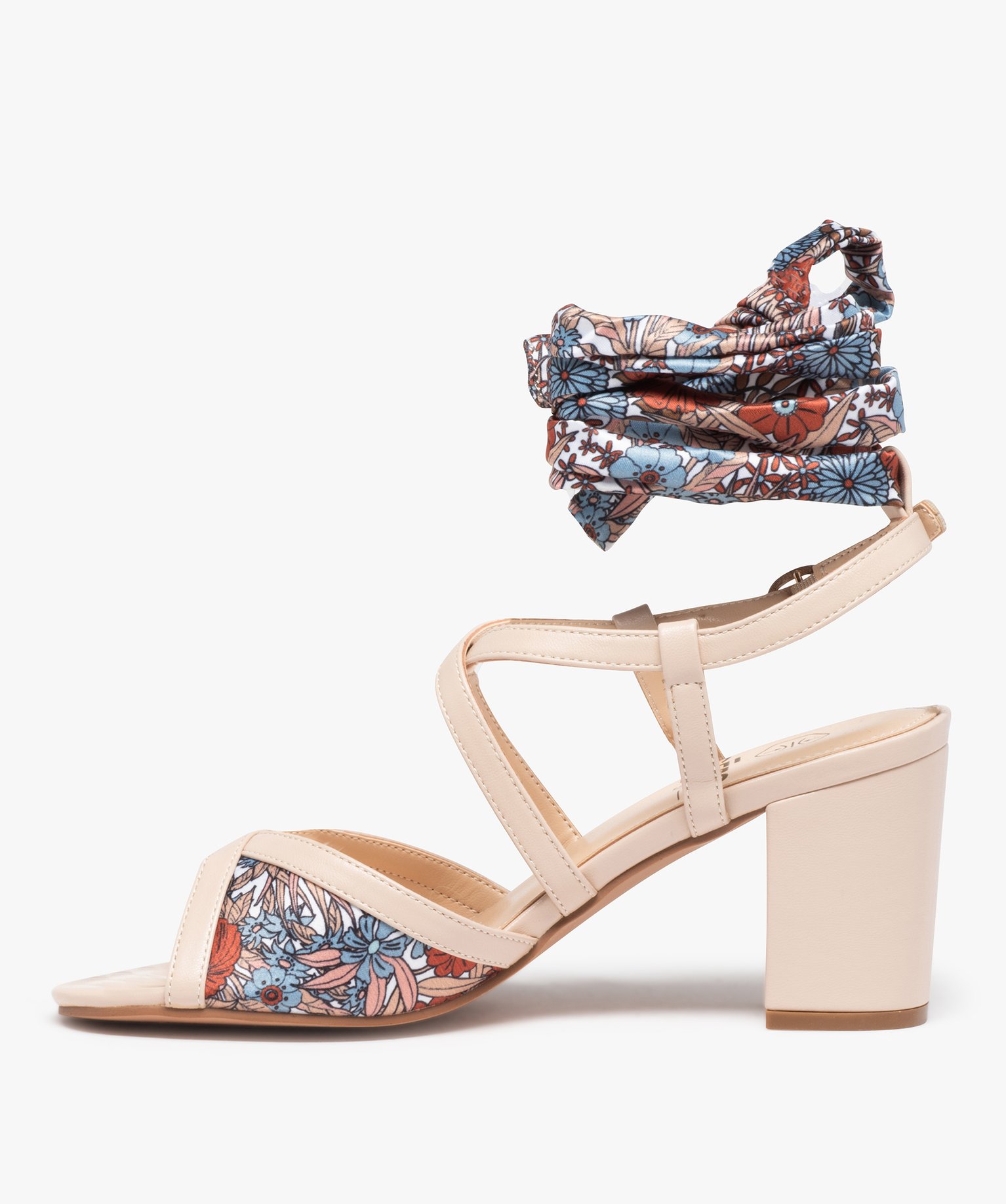 Sandales femme à talon carré et bride foulard beige | GEMO