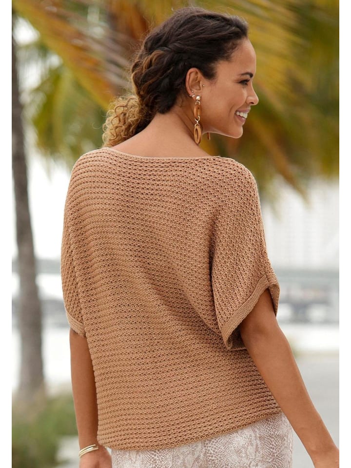 LASCANA Kurzarmpullover in camelfarben günstig kaufen