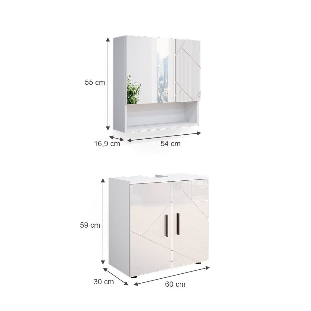 Vicco Badezimmer-Set Badmöbel Badezimmermöbel Irma Weiß Hochglanz Set 1, (3-er Set, 2-St., Spiegelschrank,Waschbeckenunterschrank,Badschrank)