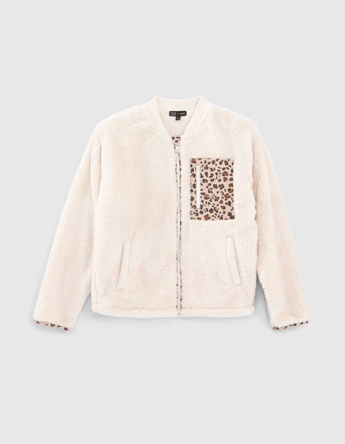 Cardigan écru fourré avec détails motif léopard fille