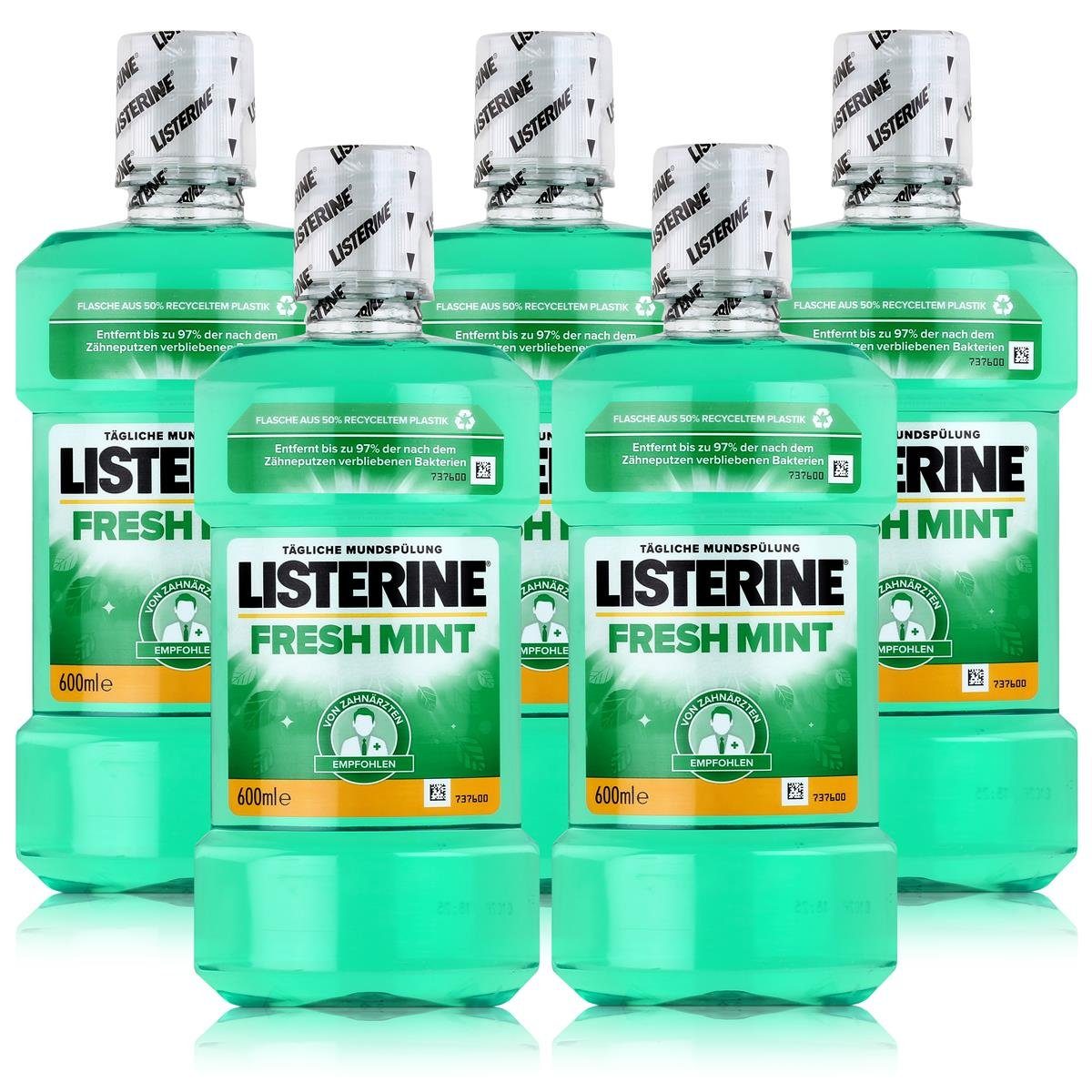 Listerine Mundspülung, Listerine Fresh Mint 600ml - Für die tägliche Mundspülung (5er Pack)
