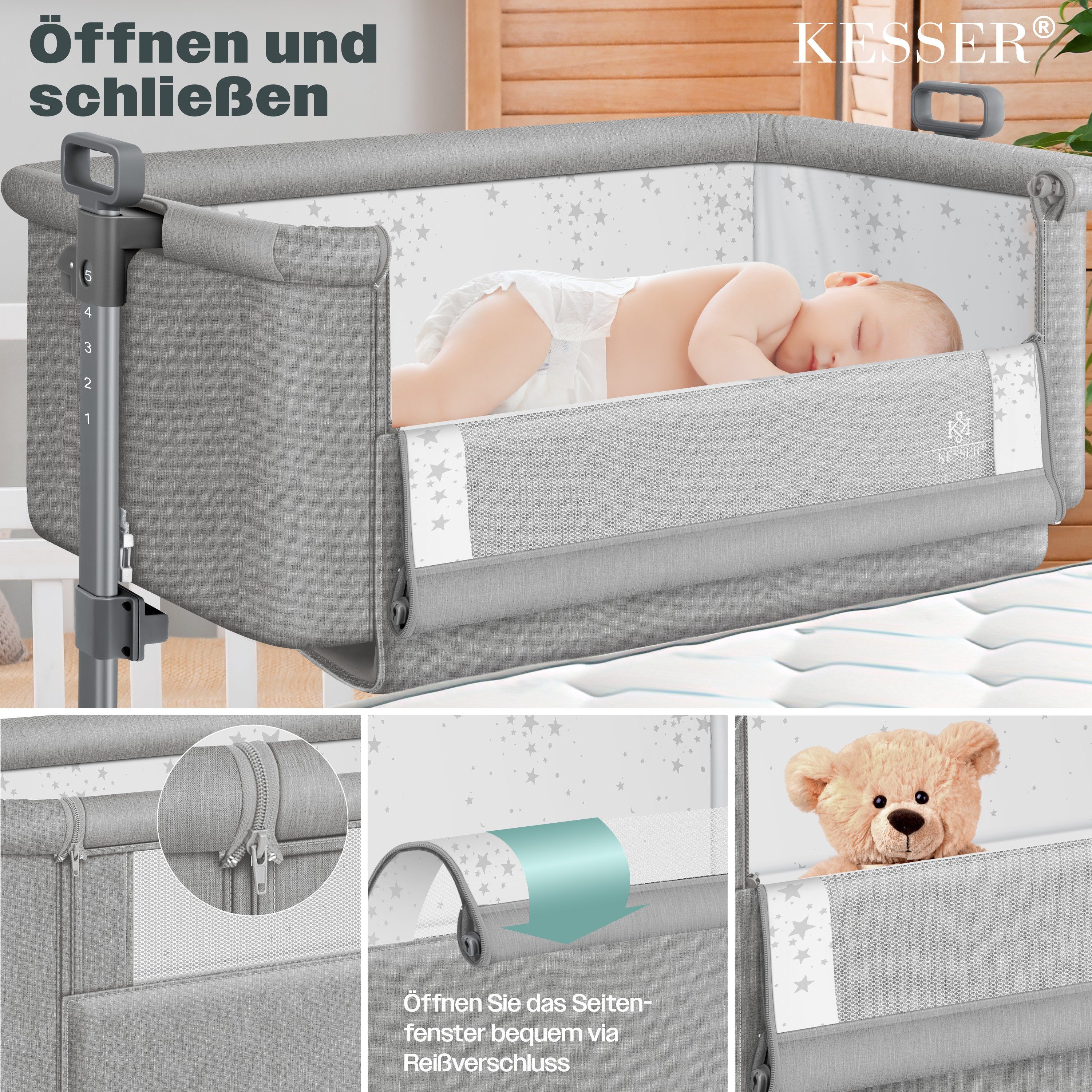 KESSER Kinderbett, Zustellbett Hubi 3in1 Baby Beistellbett Reisebett Babybett