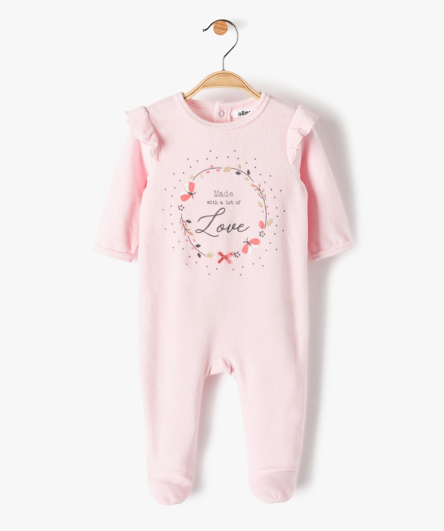 Pyjama bébé fille en velours avec volants sur les épaules rose | GEMO