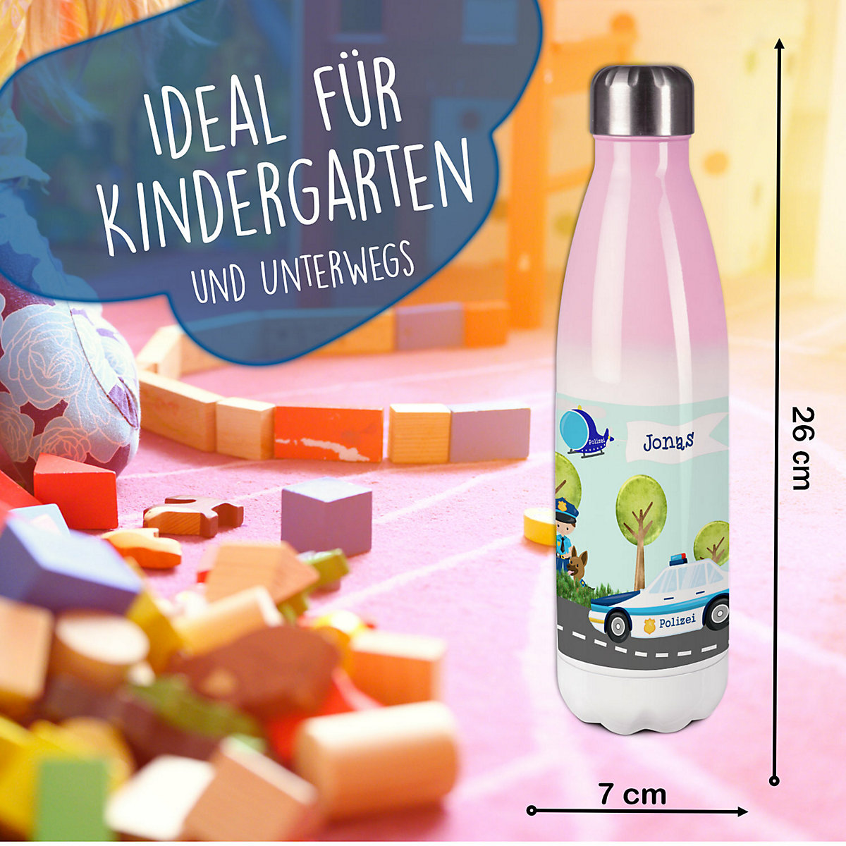 Edelstahl Kinder Thermoflasche / Trinkflasche bunt Polizei Spülmaschinenfest, Auslaufsicher, Bruchfest, Doppelwandig, Für Heißgetränke geeignet, Mit Deckel, Isoliert