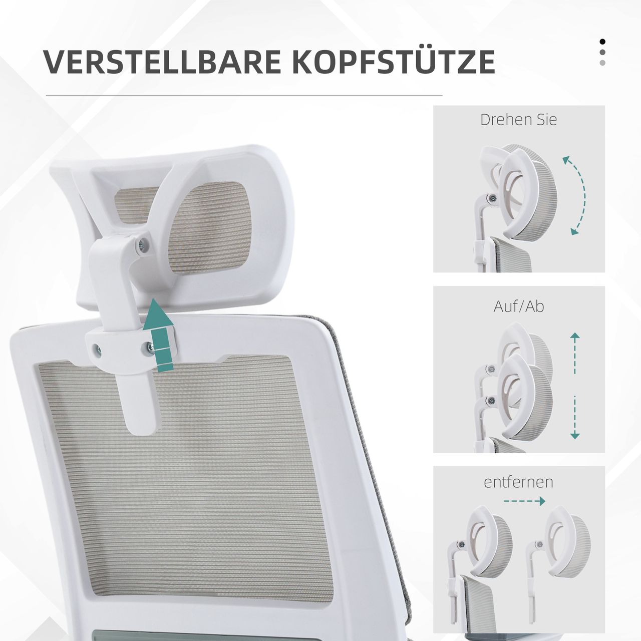 Vinsetto Bürostuhl Ergonomisch, Schreibtischstuhl mit Verstellbar Kopfstütze Mesh, Grau