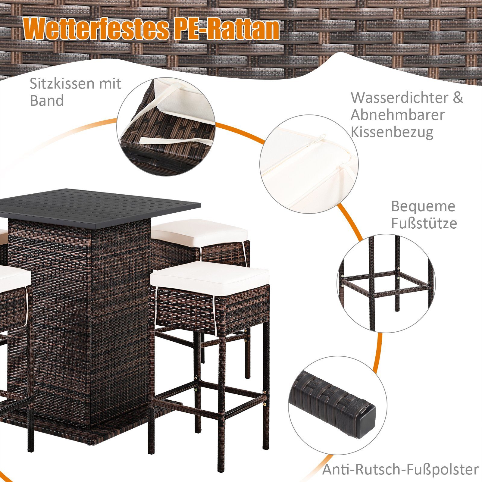 COSTWAY Gartenbar-Set, 5-tlg, Rattan, Tisch mit Stauraum&4 Hockern mit Kissen