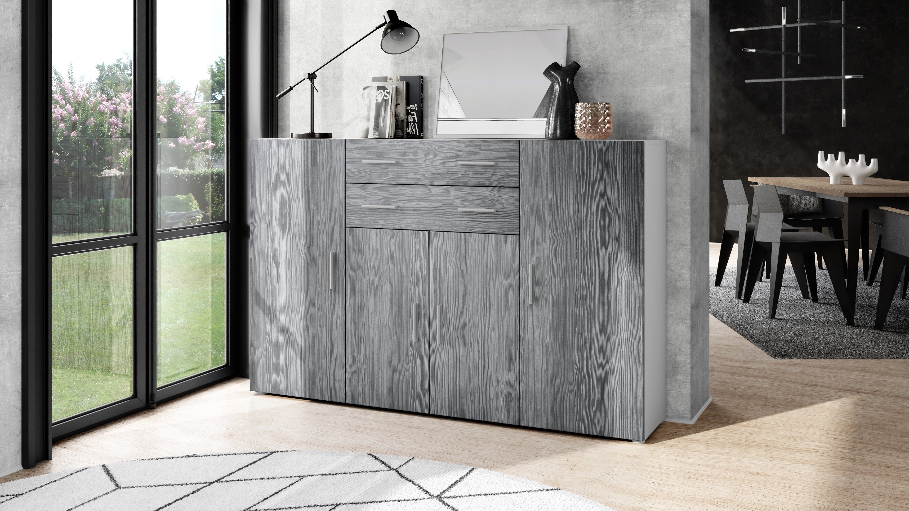 Vladon Highboard Aron (Anrichte, mit 4 Türen und 2 Schubladen), Weiß matt/Avola-Anthrazit (166,5 x 106,5 x 35 cm)