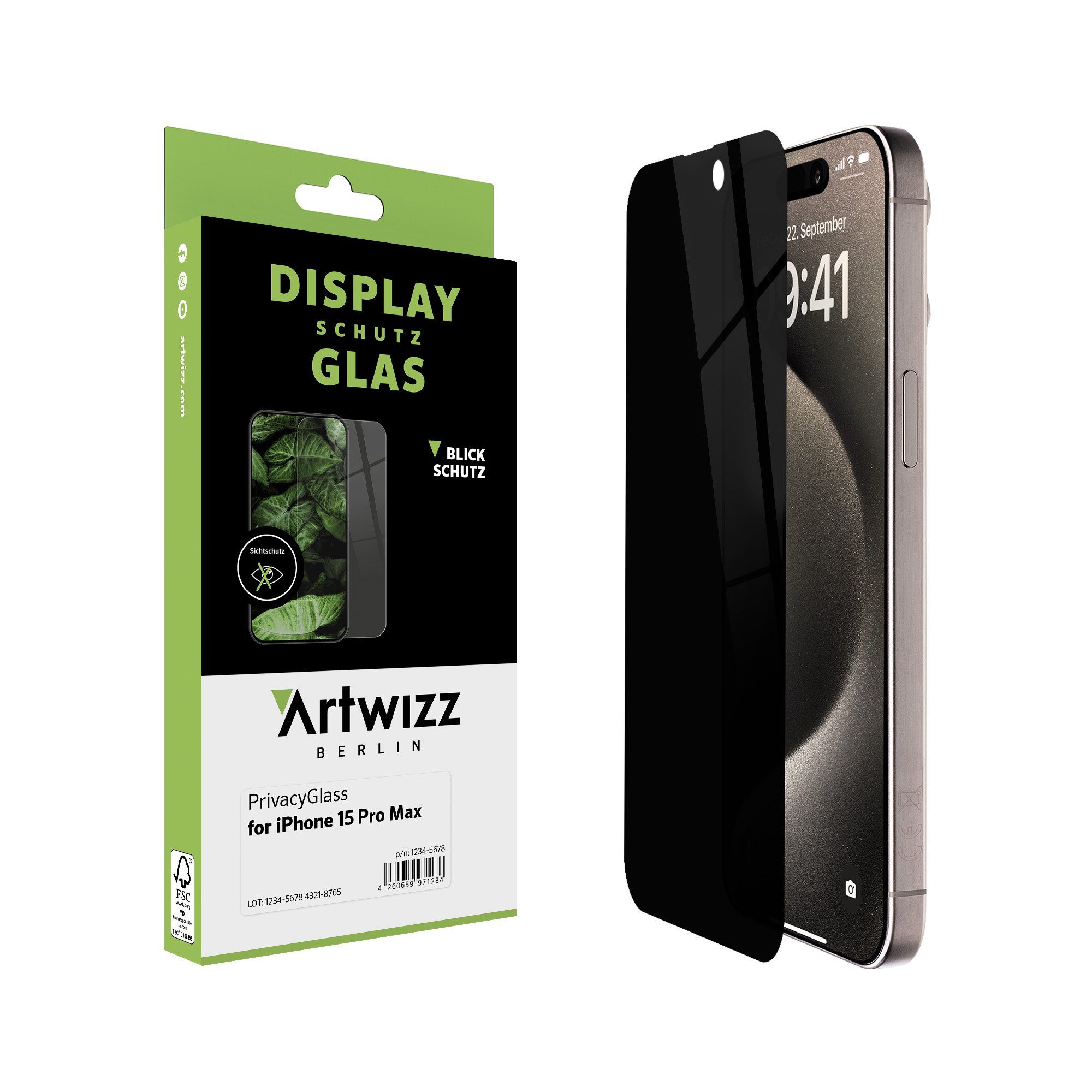 Artwizz Sichtschutzfolie PrivacyGlass, Displayschutz mit Blickschutz aus 100% Sicherheitsglas, iPhone 15 Pro Max