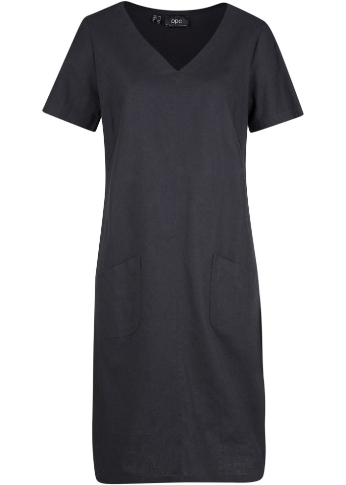 Knielanges Kleid mit Leinen und V-Ausschnitt, Halbarm