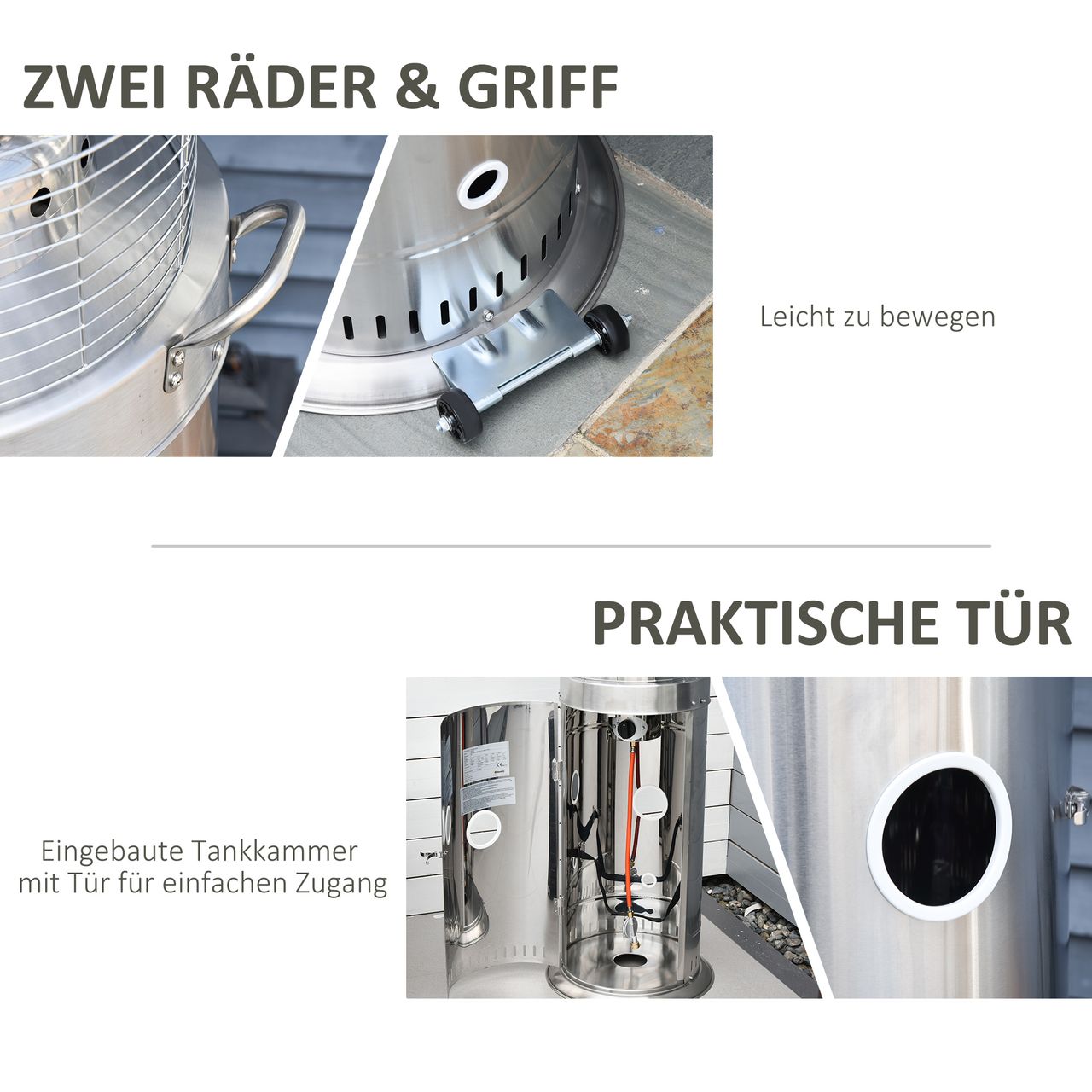 Outsunny Heizstrahler Terrassenheizer mit Handgriff und Rädern Gas 10KW Stahl Silber Ø55,6 x 143 cm