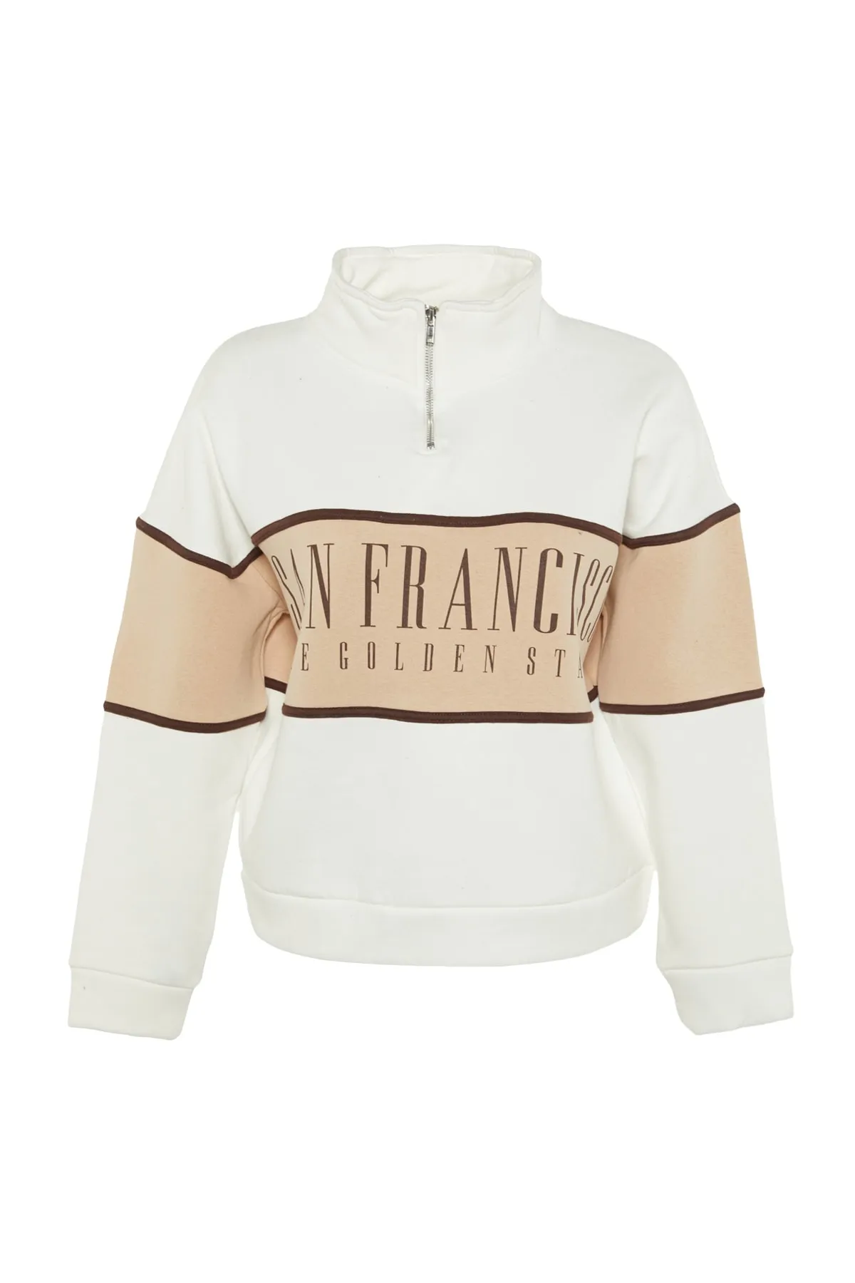 Trendyol Collection  Ecru Basic Bedrucktes Sweatshirt aus dickem Fleece-Strick TWOAW23SW00117