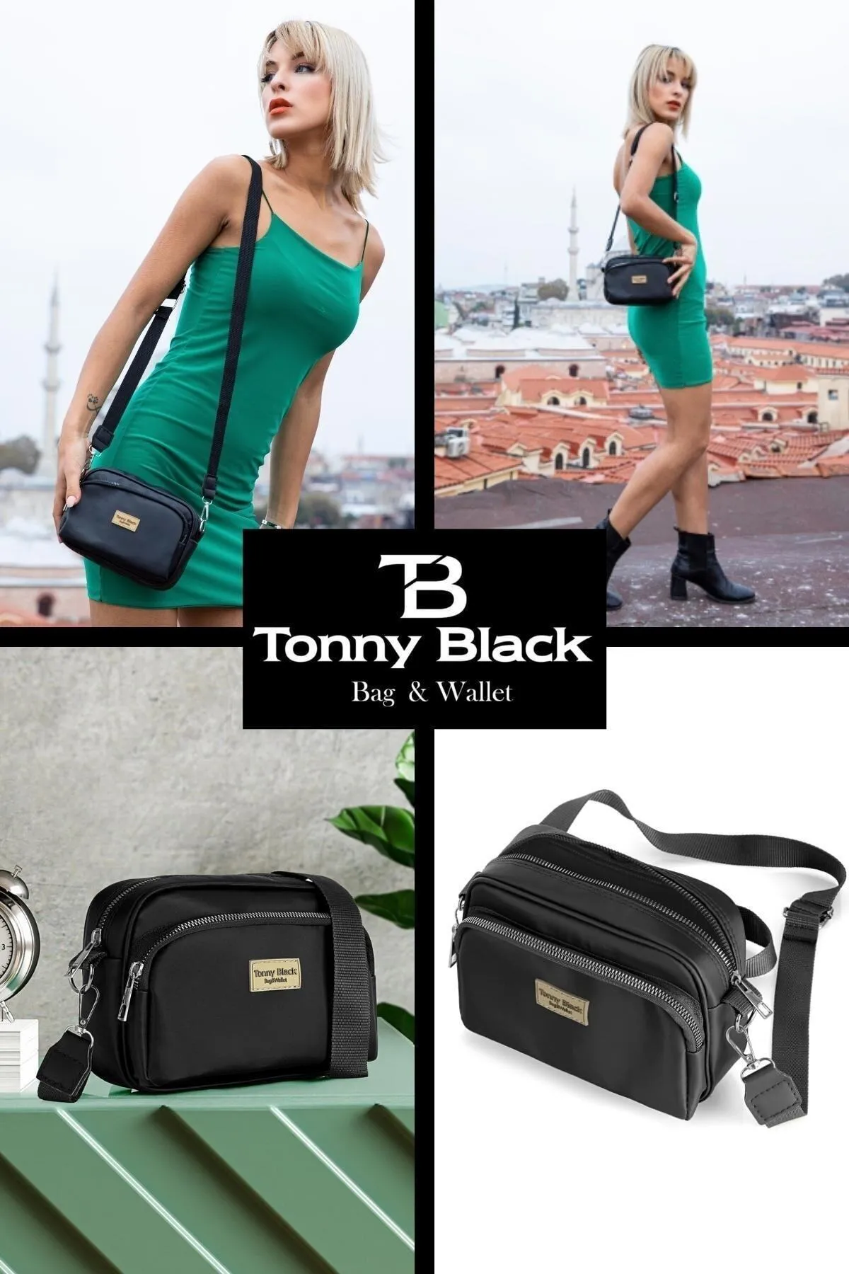 Tonny Black  Original Damen-Umhängetasche mit bequemem Säulengurt, diagonal verstellbarem Gurt und zwei Ösen, wasserdicht