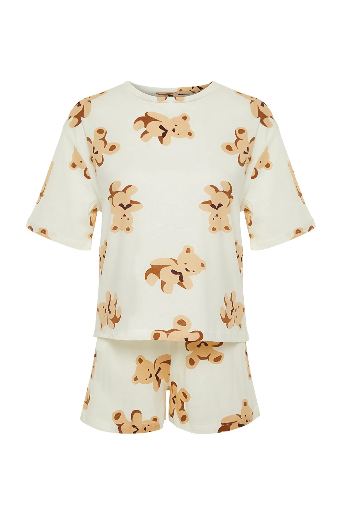 Trendyol Collection  Ecrufarbenes Strick-Pyjama-Set aus 100 % Baumwolle mit Teddybär-Muster THMSS24PT00000