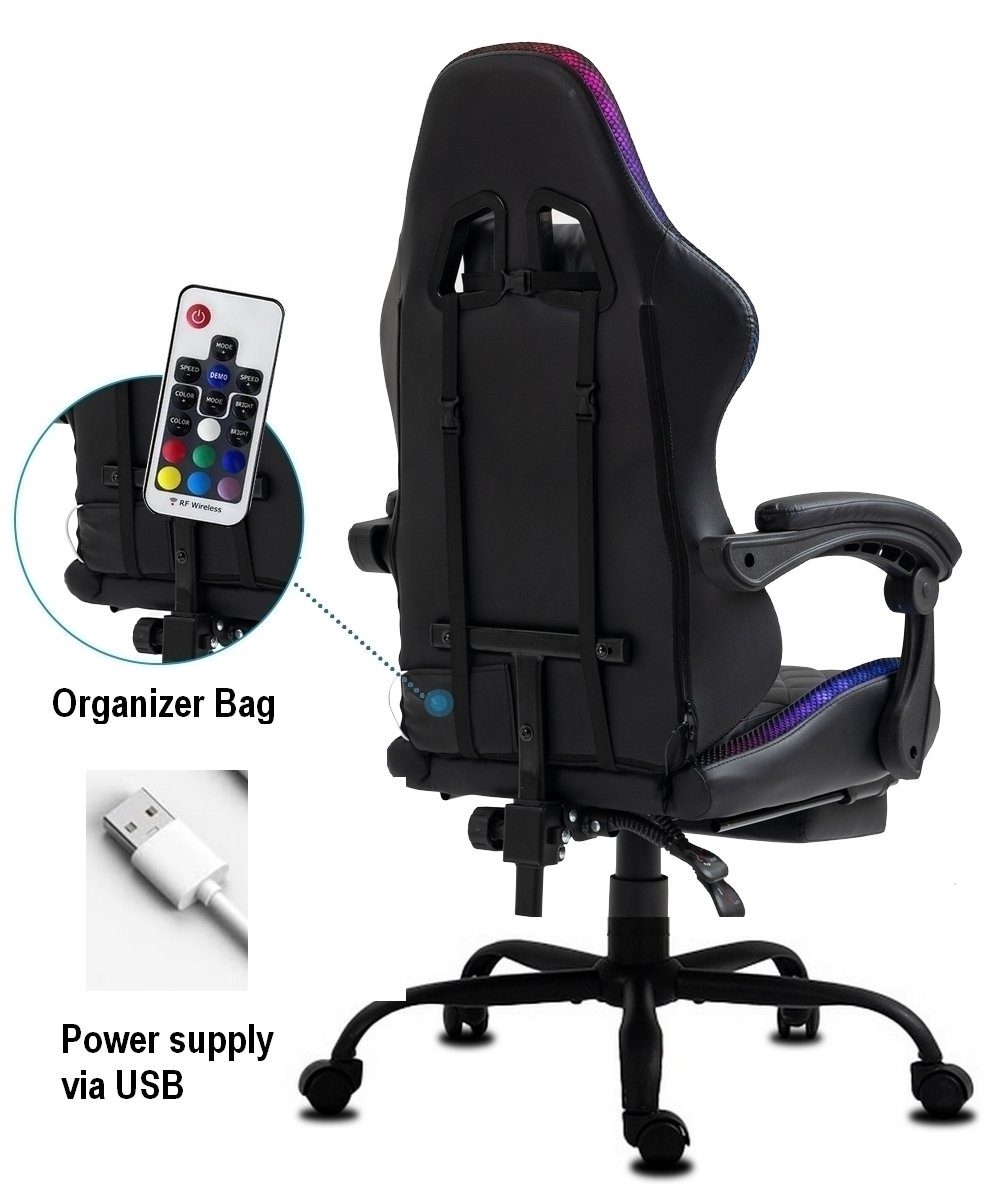 Delman Gaming-Stuhl Bürostuhl Gaming Stuhl mit LED, RGB Beleuchtung, Drehstuhl, dicke Polsterung, Metallfußkreuz, Fußstütze 02-0055